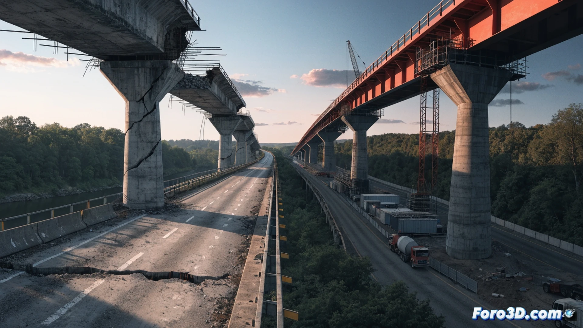 Massive steel bridge over Rhine river, concrete pillars with visible cracks and rust stains, construction workers in orange vests inspecting damaged support beams, yellow demolition excavators with hydraulic hammers positioned on bridge deck, heavy traffic jam on alternate route below, concrete dust particles floating in air, warning barriers and diversion signs with orange cones, cinematic engineering visualization, dramatic overcast sky, realistic structural damage textures, photorealistic architectural render, industrial safety lighting