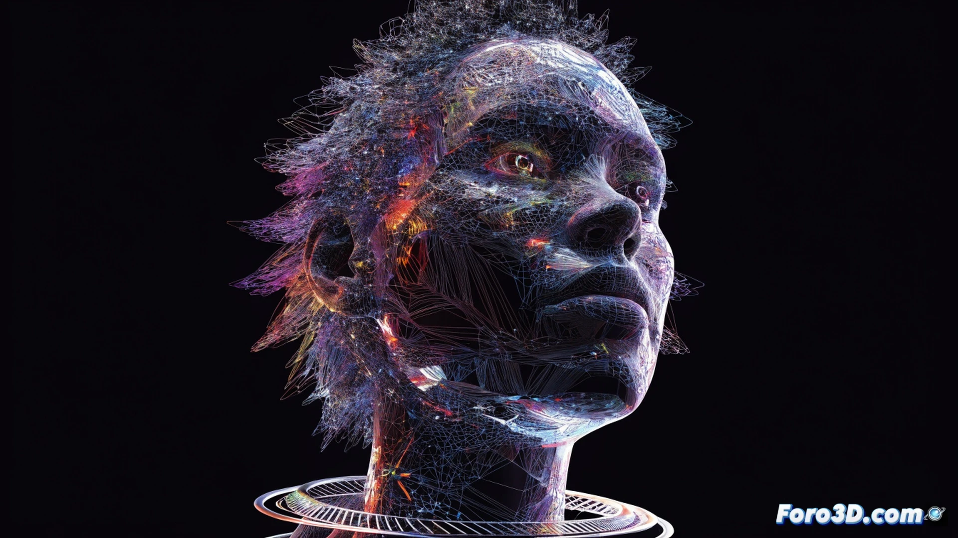 smartphone floating above an open hand, front-facing camera emitting a grid of laser dots onto the user's face, real-time 3D mesh wireframe being constructed on the phone screen, user rotating the phone while a holographic head-and-shoulders portrait materializes in mid-air, projection shifting perspective as the device moves, no text or numbers visible, cinematic photorealistic technical illustration, volumetric light beams slicing through the scene, subtle motion blur on the rotating phone, glowing blue laser scanning lines, polished metallic phone body, dark studio background with soft rim lighting, ultra-detailed facial geometry rendered as translucent sculpture, engineering visualization style