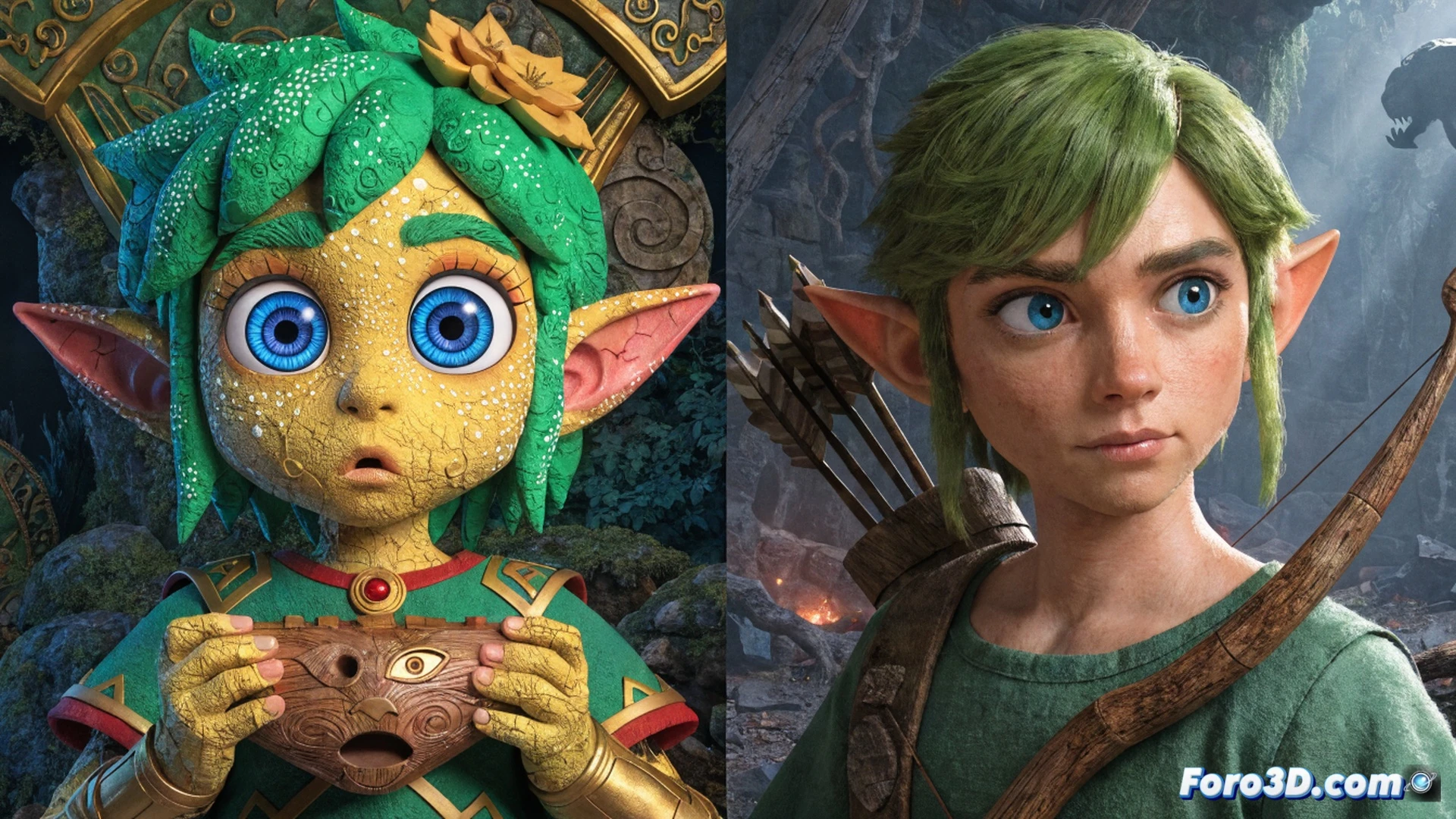 Zelda Ocarina of Time fan remake project paused on a laptop screen showing Unreal Engine editor, game assets partially built, a developer hand hovering over the mouse while a Nintendo Switch 2 console sits beside the monitor displaying the official remake logo, nostalgic sketches and concept art pinned to a corkboard in the background, soft blue glow from the screens, cinematic technical illustration, photorealistic studio lighting, emotional contrast between unfinished fan work and polished official product, ultra-detailed workstation environment