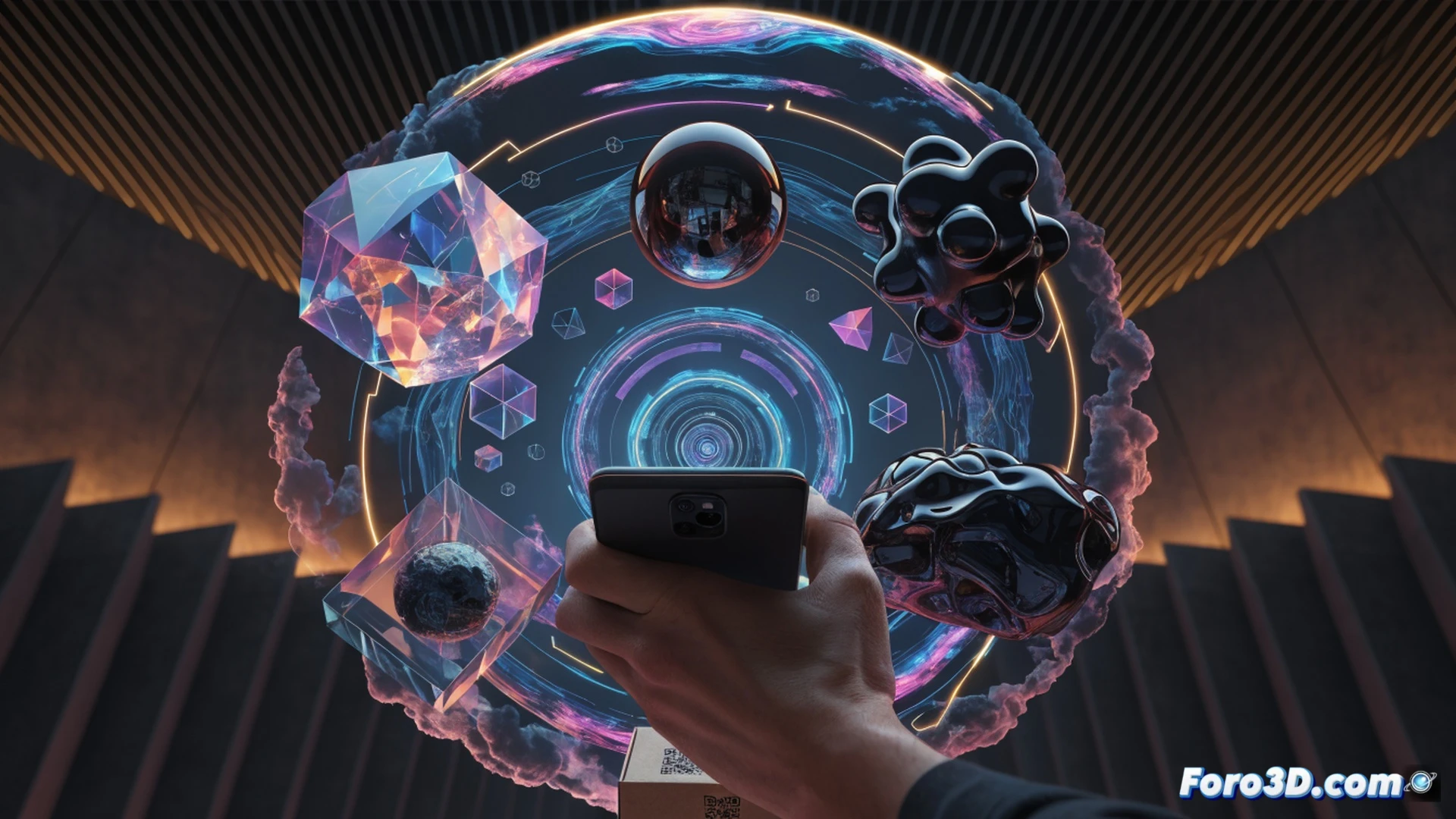 Holograma 3D de una criatura alada emergiendo de un empaque de cartón abierto, código QR escaneado flotando en el aire junto al móvil, luz azul proyectándose sobre la mesa del salón, polvo digital brillante dispersándose mientras la figura se materializa, superficie reflectante del teléfono mostrando la interfaz de escaneo, fondo de sala de estar moderna con sofá y estantería, estilo cinematográfico fotorrealista, iluminación ambiental tenue con destellos holográficos, texturas de cartón rugoso y plástico del móvil visibles, profundidad de campo suave, render técnico hiperrealista.