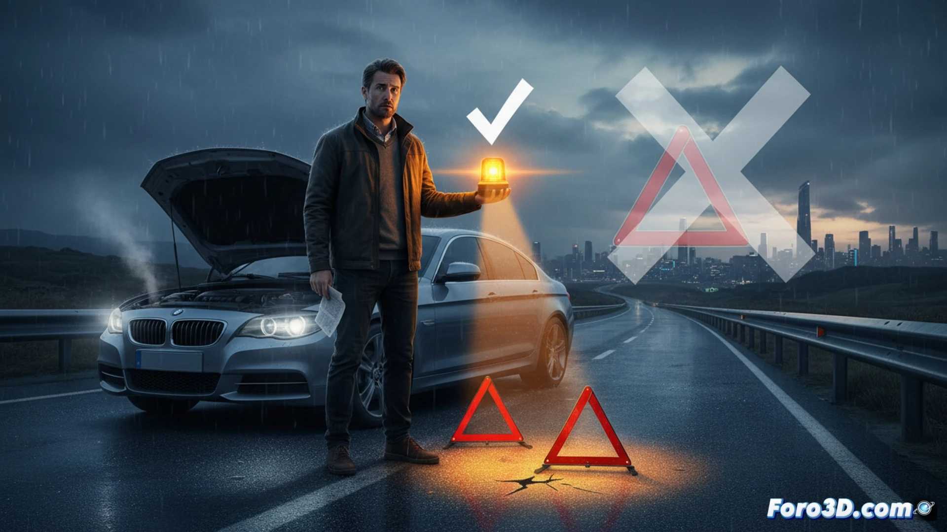 carretera nocturna con un coche detenido en el arcén, un conductor arrodillado retira un triángulo reflectante del asfalto mientras una baliza V16 magnética se enciende sobre el techo del vehículo, emitiendo destellos naranjas, fondo de tráfico lejano con luces de freno, estilo cinematográfico fotorrealista, iluminación dramática de faros, sombras marcadas, textura granulada de asfalto, detalles metálicos del coche, atmósfera tensa de emergencia vial, render técnico ultra detallado