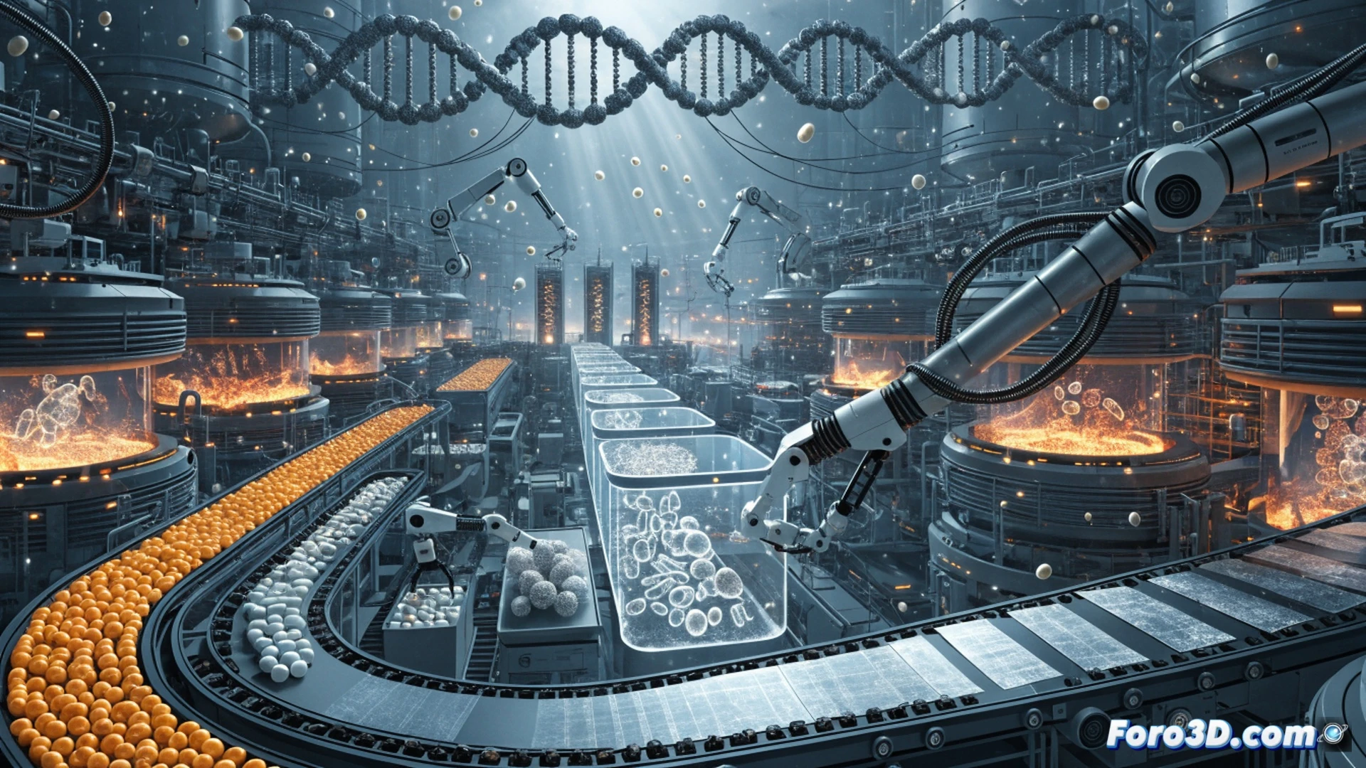 Automated DNA Foundry assembly line, robotic arms pipetting glowing blue genetic code into microtiter plates, conveyor belts moving petri dishes with engineered bacterial colonies, holographic gene sequence editing interface floating above, bioreactor vats with neon-green liquid fermenting polymers, stainless steel machinery gleaming under cool LED light, synthetic biology factory floor with technicians monitoring digital dashboards, photorealistic engineering visualization, dramatic industrial lighting, ultra-detailed mechanical components, cinematic perspective showing continuous workflow from DNA design to microbial production