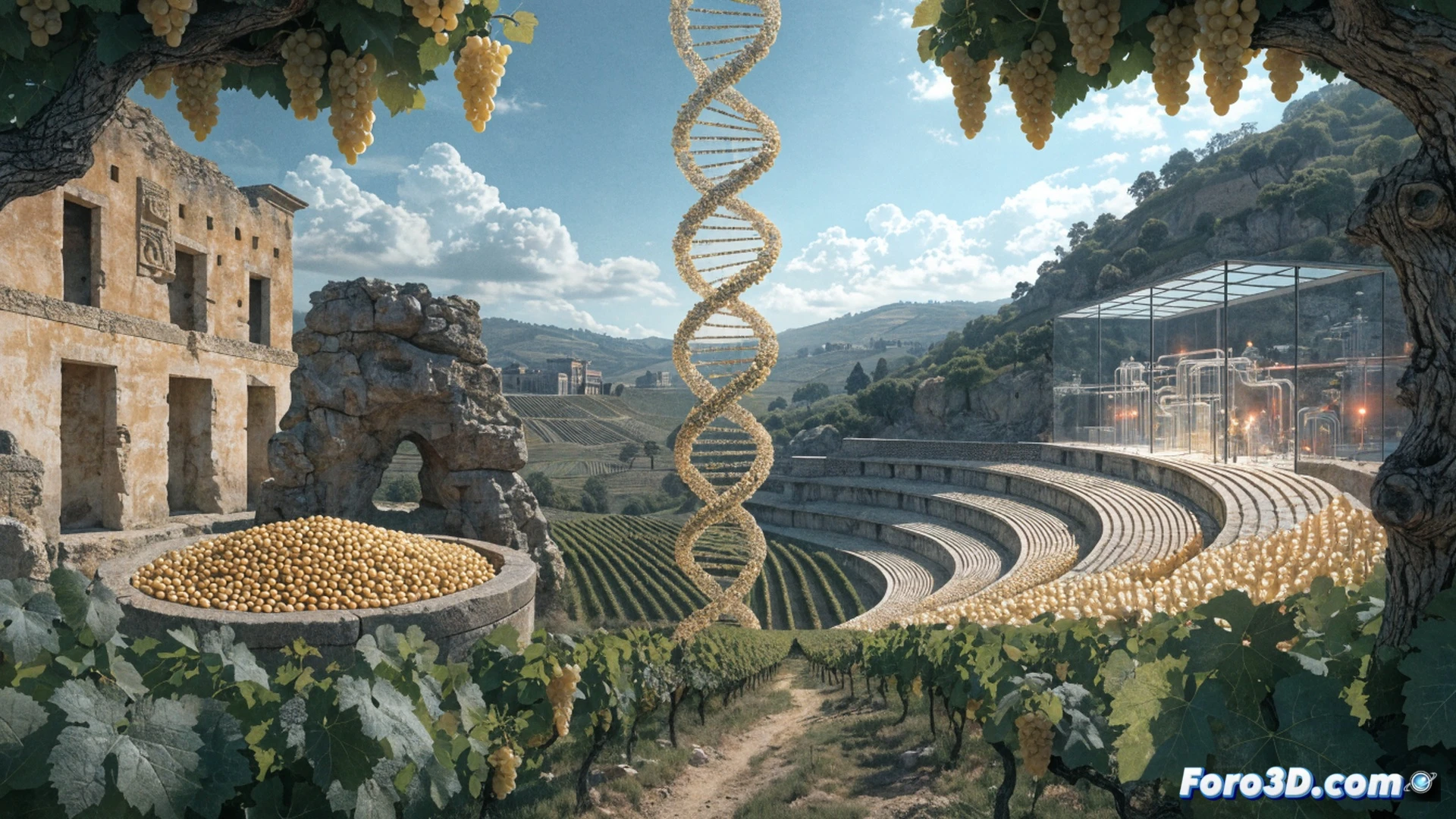 Roman vineyard excavation scene, ancient stone well interior revealing 2000-year-old grape seeds embedded in soil, archaeologist carefully brushing sediment from seeds while holding magnifying glass, DNA sequencing visualization floating above seeds showing double helix strands transforming into modern wine grape clusters, white grape varieties glowing with amber light, technical illustration style, photorealistic rendering, dramatic side lighting from sunset, dust particles suspended in air, ancient Roman amphorae fragments nearby, detailed soil strata layers visible, cinematic depth of field, ultra-realistic textures on seeds and pottery