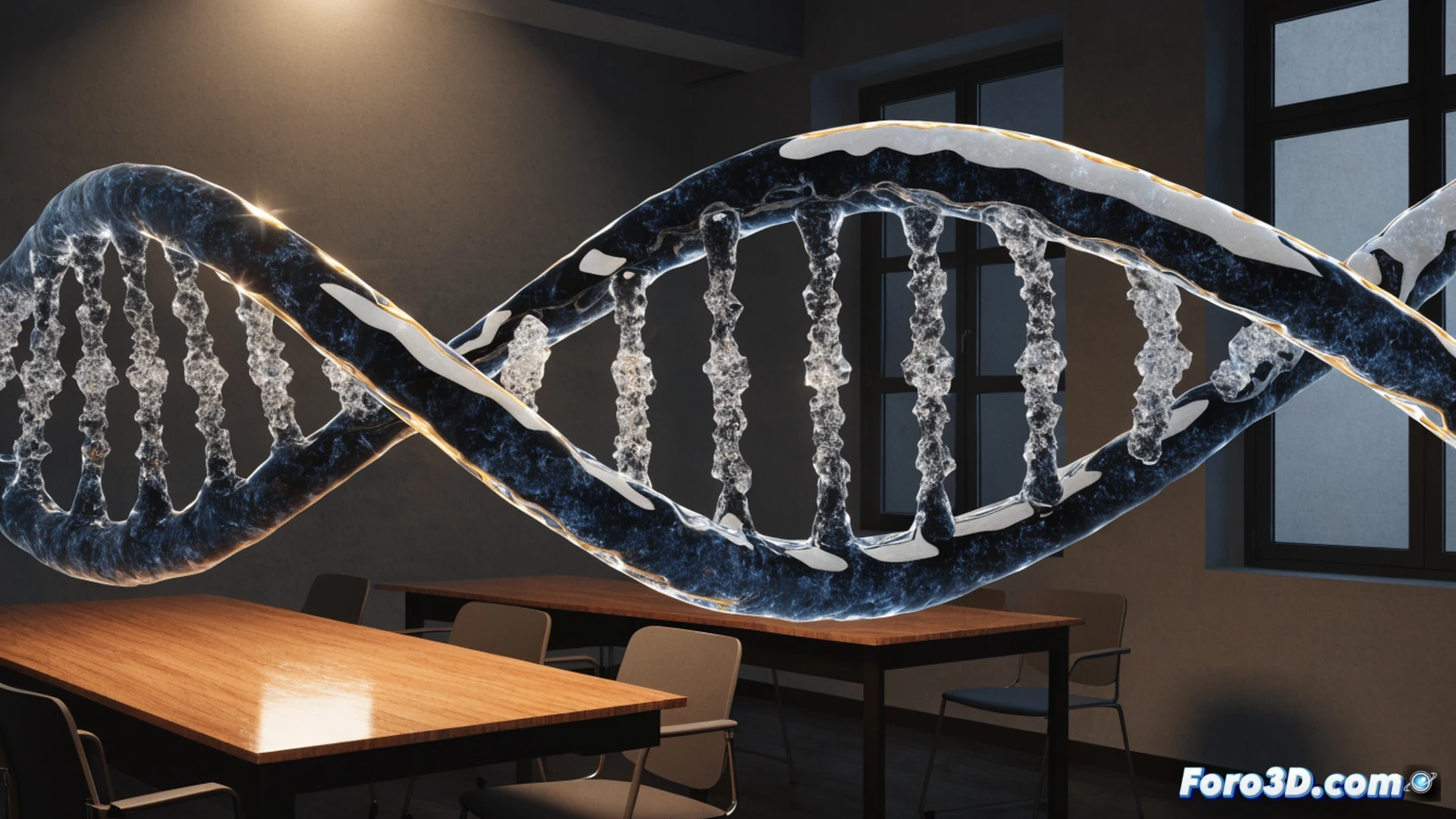 Estudiante adolescente sosteniendo un modelo impreso en 3D de ADN de doble hélice, color azul y rojo translúcido, mientras un docente señala los peldaños de nucleótidos con un puntero luminoso, fondo de aula con pantalla táctil mostrando estructura molecular ampliada, manos interactuando con el modelo físico, luz natural entrando por ventanas, estanterías con libros de ciencia, estilo photorealistic technical illustration, iluminación suave de estudio, textura plástica del filamento 3D visible, sombras nítidas, enfoque nítido en el modelo y las manos, ambiente educativo y moderno.