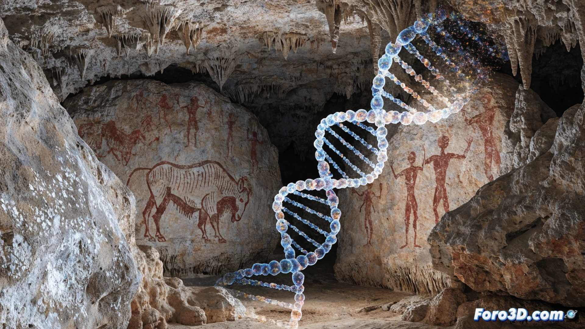 Ancient human handprint on cave wall glowing with bioluminescent dust, scientists extracting DNA sample using sterile swab and portable sequencing device, prehistoric red ochre deer painting nearby, holographic DNA helix emerging from sample, floating above rugged stone surface, cinematic scientific visualization, dramatic cave lighting with warm amber tones and cool blue tech glow, photorealistic textures of mineral deposits and ancient rock, detailed molecular structures suspended in air, sterile lab equipment contrasting with raw prehistoric art, ultra-detailed macro shot of swab touching pigment