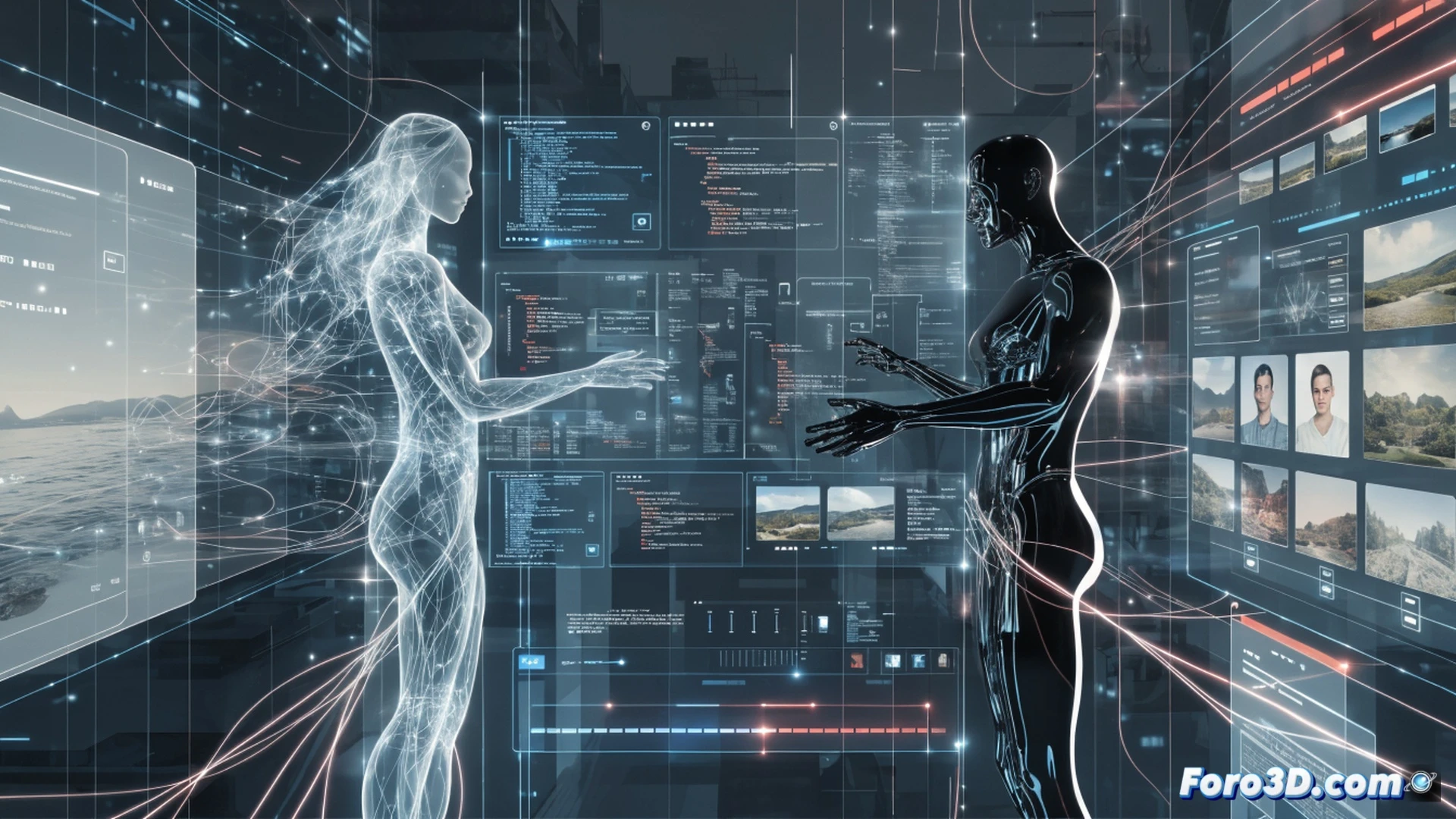 Photorealistic scene of a designer speaking voice command into a headset while seated at a dual-monitor workstation, Photoshop and Premiere interfaces visible on screens showing layers and timeline being rearranged by AI, floating holographic chatbot icon responding mid-action, hand gesturing toward a complex layer stack that reorganizes automatically, keyboard and mouse idle, soft studio lighting, sleek modern desk with tablet and stylus nearby, cinematic technical illustration style, clean professional atmosphere, ultra-detailed hardware and software UI elements.