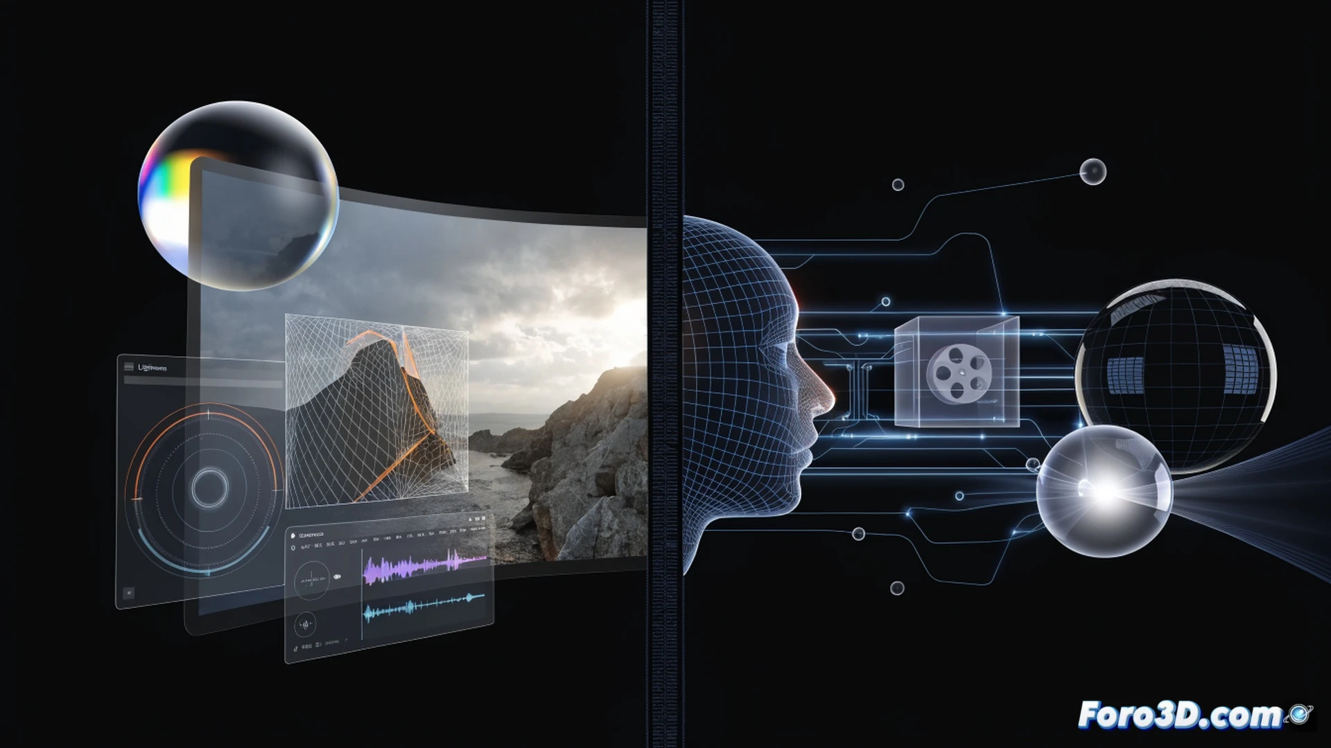 photographer using Lightroom on a large monitor, AI-assisted selection tool highlighting a portrait subject with glowing blue outlines, photo-to-video conversion process showing a still image transforming into a motion clip, Premiere Pro timeline open on a second screen with color correction curves being adjusted and auto-subtitle track appearing, hands on a Wacom tablet and keyboard, cinematic technical illustration style, soft studio lighting, blurred background with editing desk, clean modern interface UI elements floating, photorealistic render, workflow efficiency demonstrated through layered digital tools