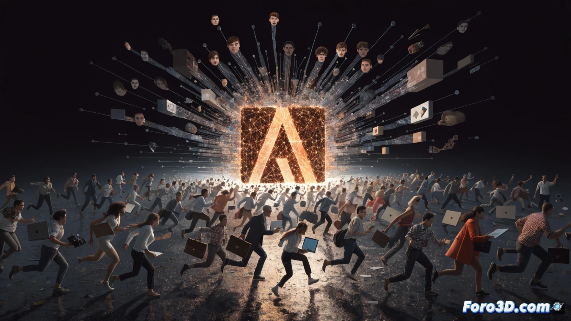 Cinematic wide shot of a cracked Adobe Creative Cloud subscription box, dollar bills flying out while a glowing AI symbol forcibly inserts itself into a PDF file, documents showing auto-generated text appearing without user control, users scrambling away from the subscription plan, mouse cursor hovering over a rising price tag from 59.99 to 69.99, photorealistic technical illustration, dramatic red warning light casting shadows, chaotic desktop environment with scattered design tools, glowing blue AI interface lines invading workspaces, ultra-detailed software UI elements, high-contrast industrial lighting, motion blur on fleeing silhouettes