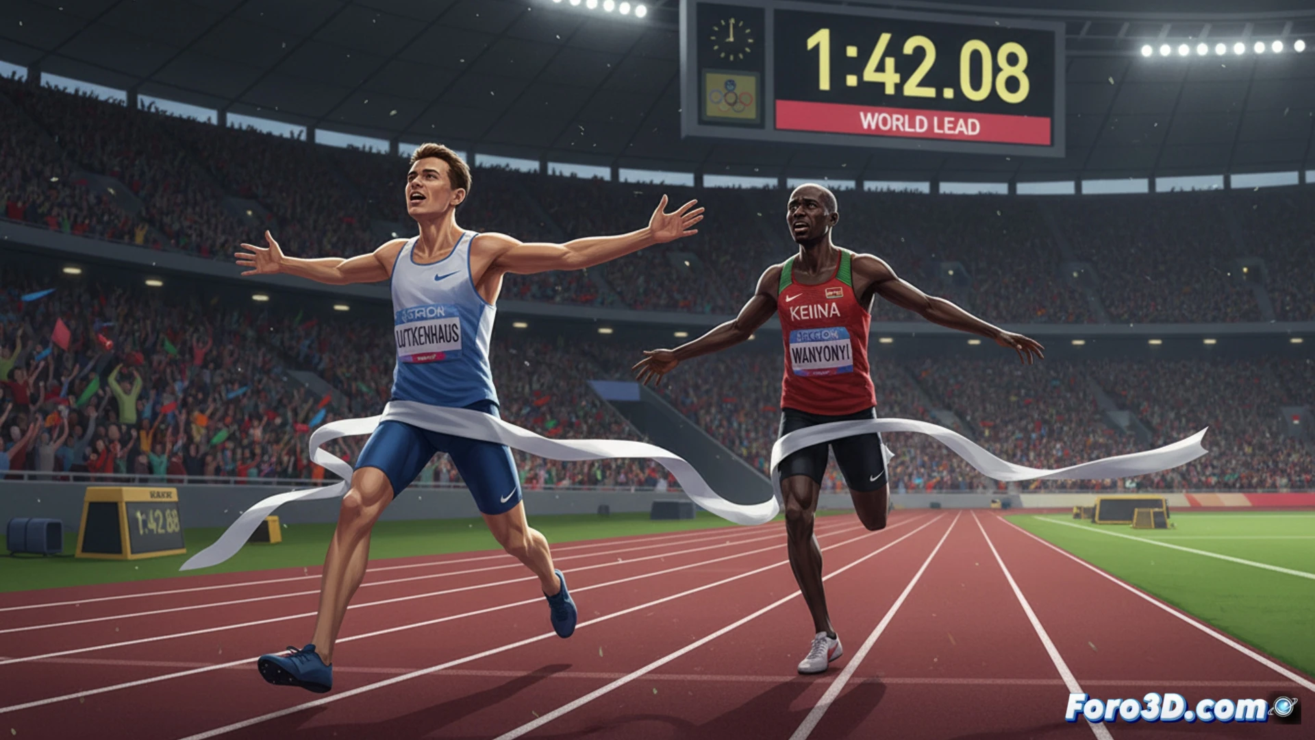 adolescent runner in worn training shoes crossing finish line with arms raised, 1:42.08 digital timer blurred in background, older champion athlete leaning forward mid-stride two meters behind, sweat droplets frozen mid-air, stadium track markings visible, dramatic sunset light casting long shadows, photorealistic sports photography style, high-speed shutter effect, dynamic motion blur on legs, intense facial expression of surprise on champion, weathered track surface texture, ultra-detailed muscle tension, cinematic golden hour lighting
