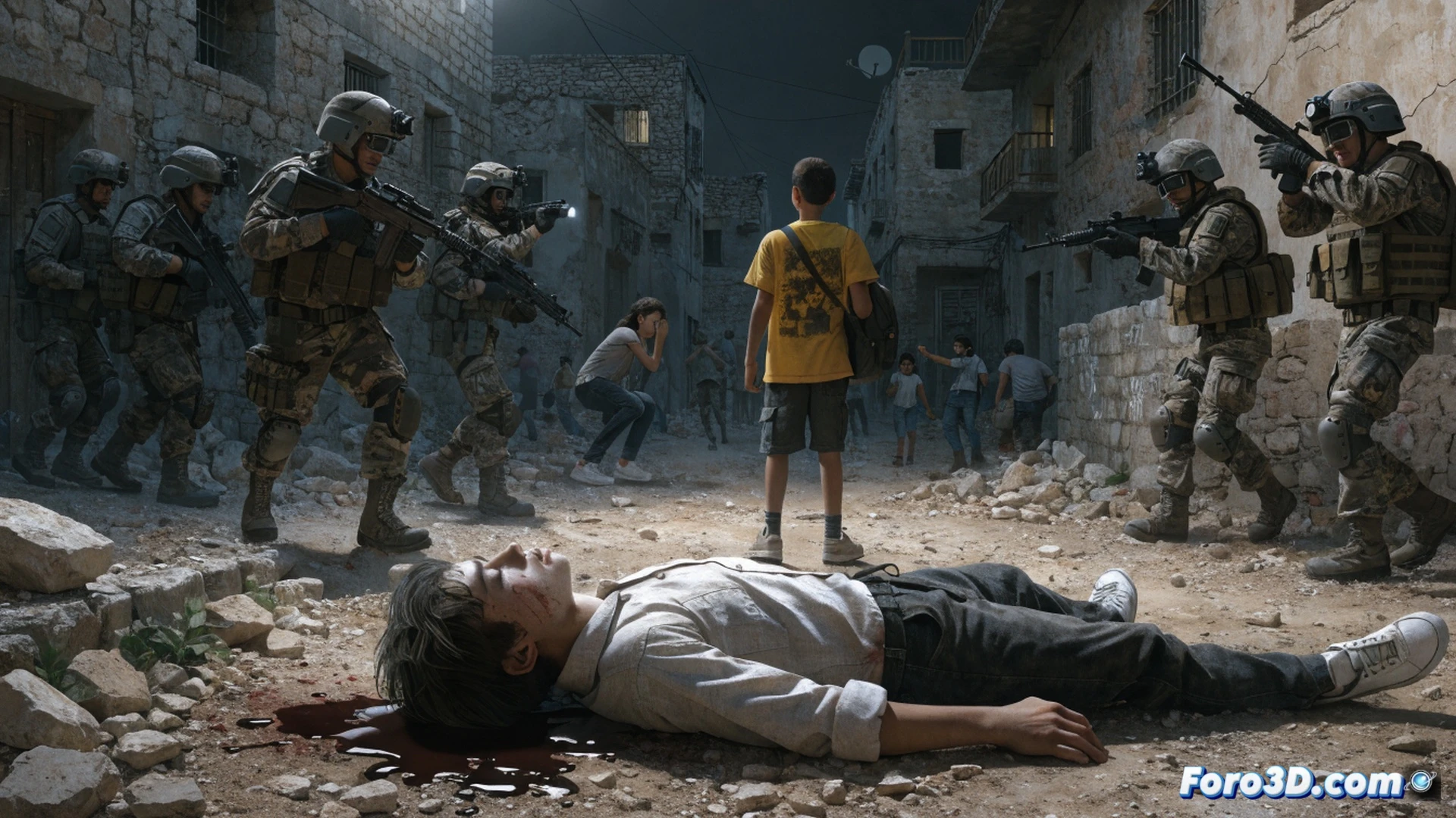 Adolescente palestino desplomándose en calle polvorienta de Cisjordania, soldados israelíes en formación táctica con rifles apuntando desde vehículo blindado, piedras esparcidas en el suelo, casco urbano con muros de hormigón y grafitis, disparo en la cabeza en plena acción, cámara lenta dramática, polvo levantado por botas militares, iluminación de atardecer con sombras alargadas, estilo cinematográfico realista, textura granulada de documental bélico, profundidad de campo reducida, enfoque en el rostro juvenil y el casco del soldado, fotoperiodismo de conflicto armado.