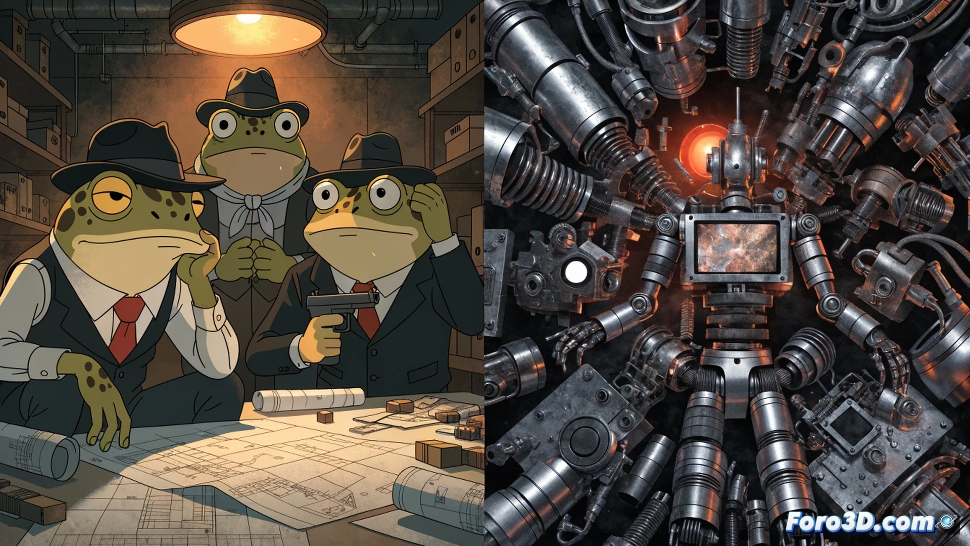 three anthropomorphic frog brothers in black masks and gloves, inside a bank vault at night, one frog using a laser cutter on a circular safe door while another holds a schematic blueprint on a tablet showing wiring diagrams, the third frog peering through a high-tech surveillance drone with glowing red camera lens, security laser beams crisscrossing the room, robotic chicken toy parts scattered on the floor, retro CRT monitors displaying pixelated bank security feeds, cinematic lighting with blue and amber neon highlights, ultra-detailed textured frog skin and metallic tools, photorealistic technical illustration style, dramatic action frozen mid-heist