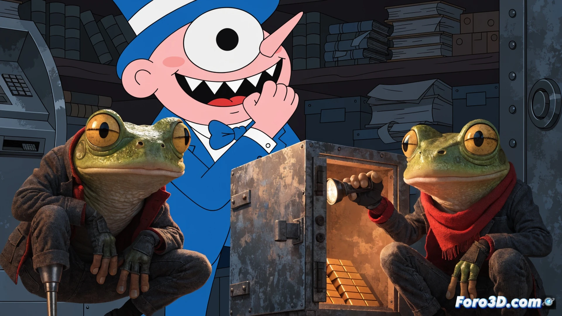 three anthropomorphic frog siblings in dark hoodies and ski masks, one holding a laser drill aimed at a bank vault door, another peering at a digital tablet showing security camera feeds, the third frog adjusting a grappling hook launcher strapped to its back, inside a dimly lit server room with exposed cables and blinking routers, glowing cyan data streams visible on monitors, cinematic heist scene, dramatic side lighting casting long shadows, photorealistic technical illustration, detailed amphibian skin texture, metallic tools and hardware reflecting faint light, action during the planning phase of the robbery