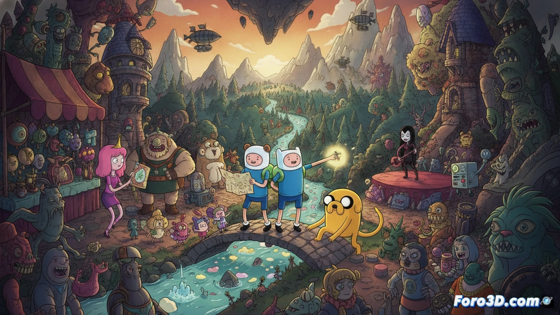 Finn y Jake saltando desde un acantilado rocoso hacia un bosque brillante de Ooo, Jake estirado como un trampolín mientras Finn blande su espada contra un Slime Mutante, fondo con árboles caramelo y montañas azules, estilo cinematic animation, iluminación vibrante estilo Cartoon Network, sombras nítidas de mediodía, texturas de pintura digital con pinceladas visibles, acción congelada en el salto, polvo mágico naranja flotando alrededor, composición dinámica con líneas de movimiento curvas, renderizado 3D estilizado con acabado cel-shading, profundidad de campo suave.
