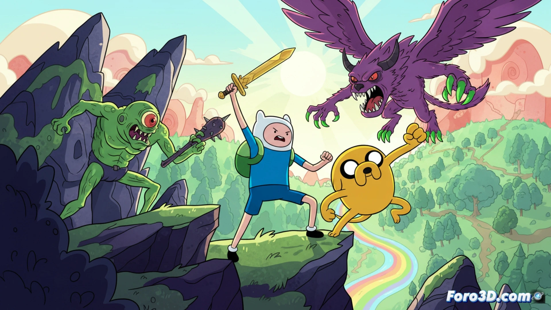 Finn the human boy swinging a glowing green sword at a giant three-eyed ice monster while Jake the dog stretches his body into a protective shield around them, both characters mid-action in a lush grassy field with a bright blue sky, vibrant 2D cel-shaded animation style evoking classic Adventure Time episodes, bold black outlines, flat saturated colors, no shading gradients, dynamic pose showing Finn lunging forward with sword raised high, Jake's elastic arms wrapping around the monster's legs to trip it, stylized impact sparks flying from the sword strike, simple background with rolling green hills and a single stylized tree, clean technical illustration aesthetic, bright sunlight casting no realistic shadows, action-focused composition emphasizing movement and direct combat