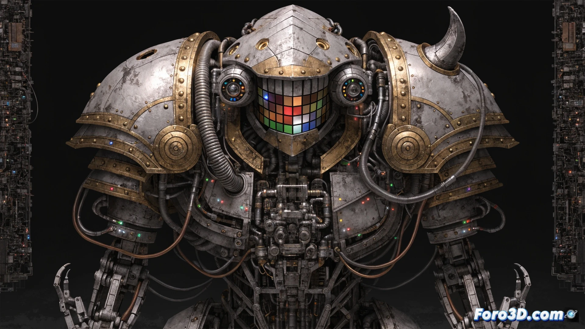 Digital artist sketching a mecha design on a tablet with stylus, screen showing a hybrid creature-machine with 16th-century clockwork gears and retro CRT monitor head, robotic arm holding a vintage joystick, while a second mecha stands in background with exposed brass pistons and wireframe exoskeleton, Photoshop interface visible on monitor with layer palettes and brush strokes, Procreate canvas beside showing color palette, cinematic lighting from above casting dramatic shadows, photorealistic technical illustration style, metallic surfaces with scratches and patina, glowing blue energy lines running through mechanical joints, ultra-detailed rivets and steam pipes, workshop environment with scattered concept art prints