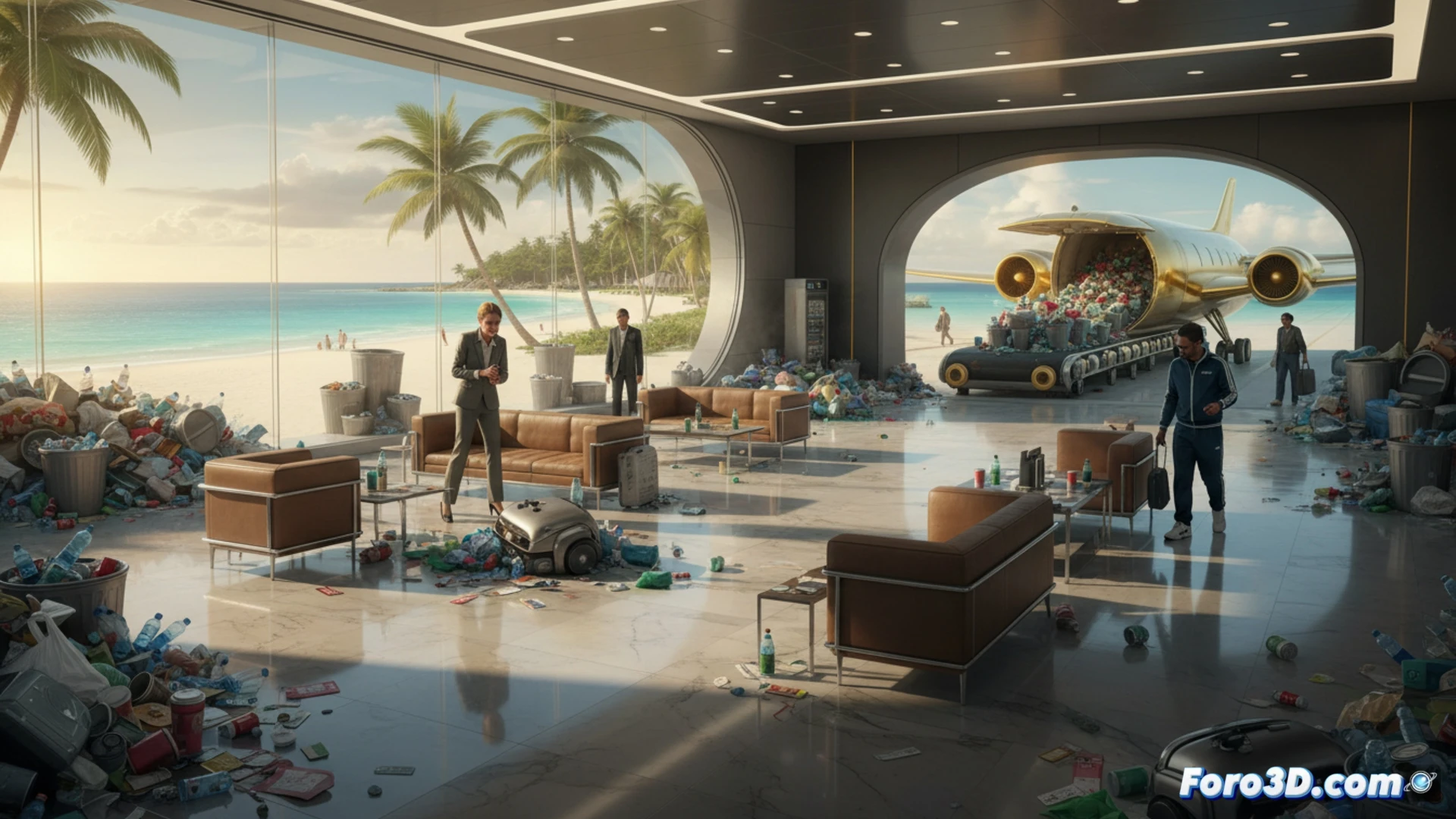 Aerial view of a luxury resort airport terminal, overflowing trash bins spilling onto polished marble floors, a tourist dropping a plastic bottle while boarding a private jet, maintenance workers ignoring debris near a broken waste compactor, cinematic photorealistic architectural visualization, dramatic contrast between pristine white terminal pillars and scattered garbage piles, harsh midday sunlight highlighting scattered litter, ultra-detailed textures of stained carpets and crushed cans, realistic environmental degradation scene
