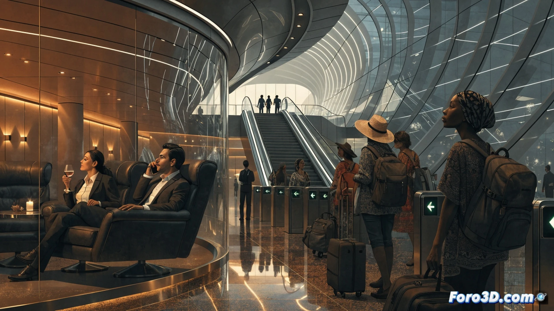 airport terminal during peak hour, passengers checking departure boards showing rising prices while luxury retail stores glow with premium lighting, airline counters with digital rate displays, security checkpoint queues stretching across polished floors, contrast between high-end duty-free shops and crowded waiting areas, cinematic architectural photography, wide-angle lens capturing vast glass ceiling and steel trusses, harsh fluorescent light mixing with warm boutique spotlights, photorealistic interior render, motion blur of walking travelers, reflective surfaces showing distorted figures, ultra-detailed modern airport design