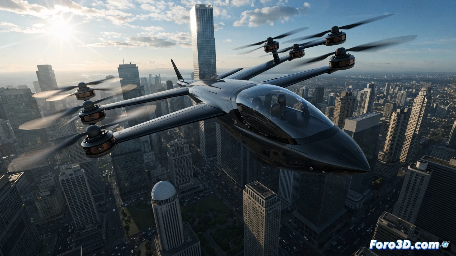 electric vertical takeoff and landing aircraft performing mid-air transition from hover to forward flight, wings tilting while propellers change angle, urban skyline with vertiport landing pad in background, glowing LED navigation lights on wingtips, sleek metallic fuselage with visible rotor blades in motion, cinematic engineering visualization, photorealistic technical render, dramatic golden hour sunlight casting long shadows, contrails showing flight path trajectory, modern glass-and-steel skyscraper rooftops below, crisp reflections on polished carbon fiber surface, dynamic motion blur on rotor tips, clear aerodynamic airflow lines around the body, high-contrast industrial lighting, ultra-detailed mechanical joints and propulsion system