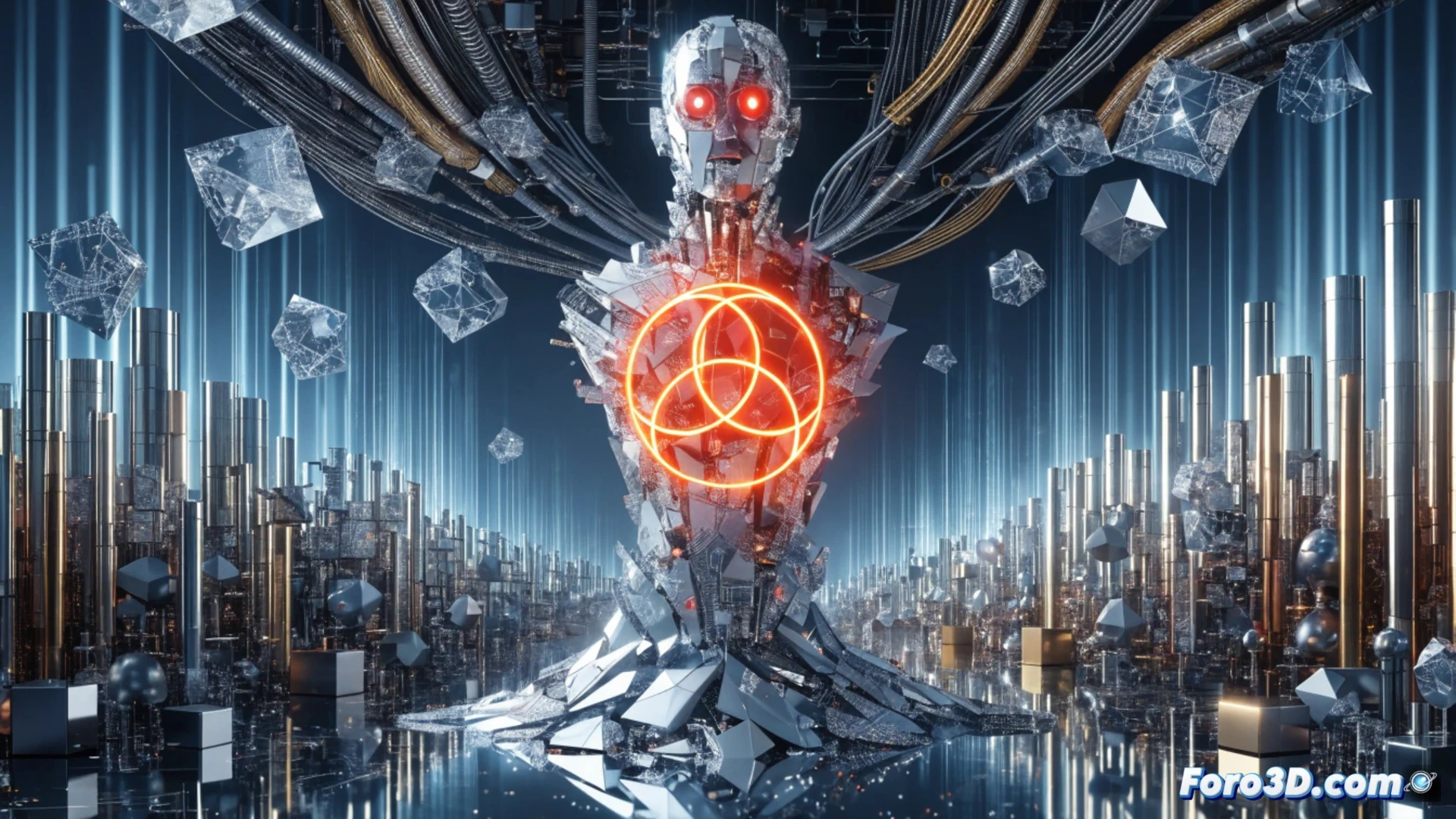 A glowing digital brain suspended in a futuristic courtroom, robotic gavel striking a holographic law book, chains labeled with data ethics symbols wrapping around a rogue AI server rack, sparks flying from short-circuited neural network cables, Spanish flag watermark faintly projected on translucent barriers, cinematic photorealistic technical illustration, dramatic chiaroscuro lighting, metallic and glass textures, motion blur on gavel swing, glowing warning indicators on hardware components.