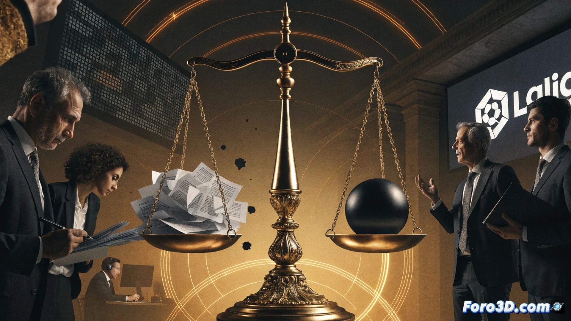 photorealistic legal negotiation scene, football union representatives facing a locked negotiation table, a giant padlock symbolically blocking documents labeled with collective bargaining terms, LaLiga logo partially visible on a gavel striking the table, AFE union members holding a 93 percent vote result banner, frustrated players in background watching blocked contract papers, dramatic courtroom lighting, polished wood surfaces, scattered legal briefs and football contracts, cinematic documentary style, ultra-detailed textures, tense atmosphere