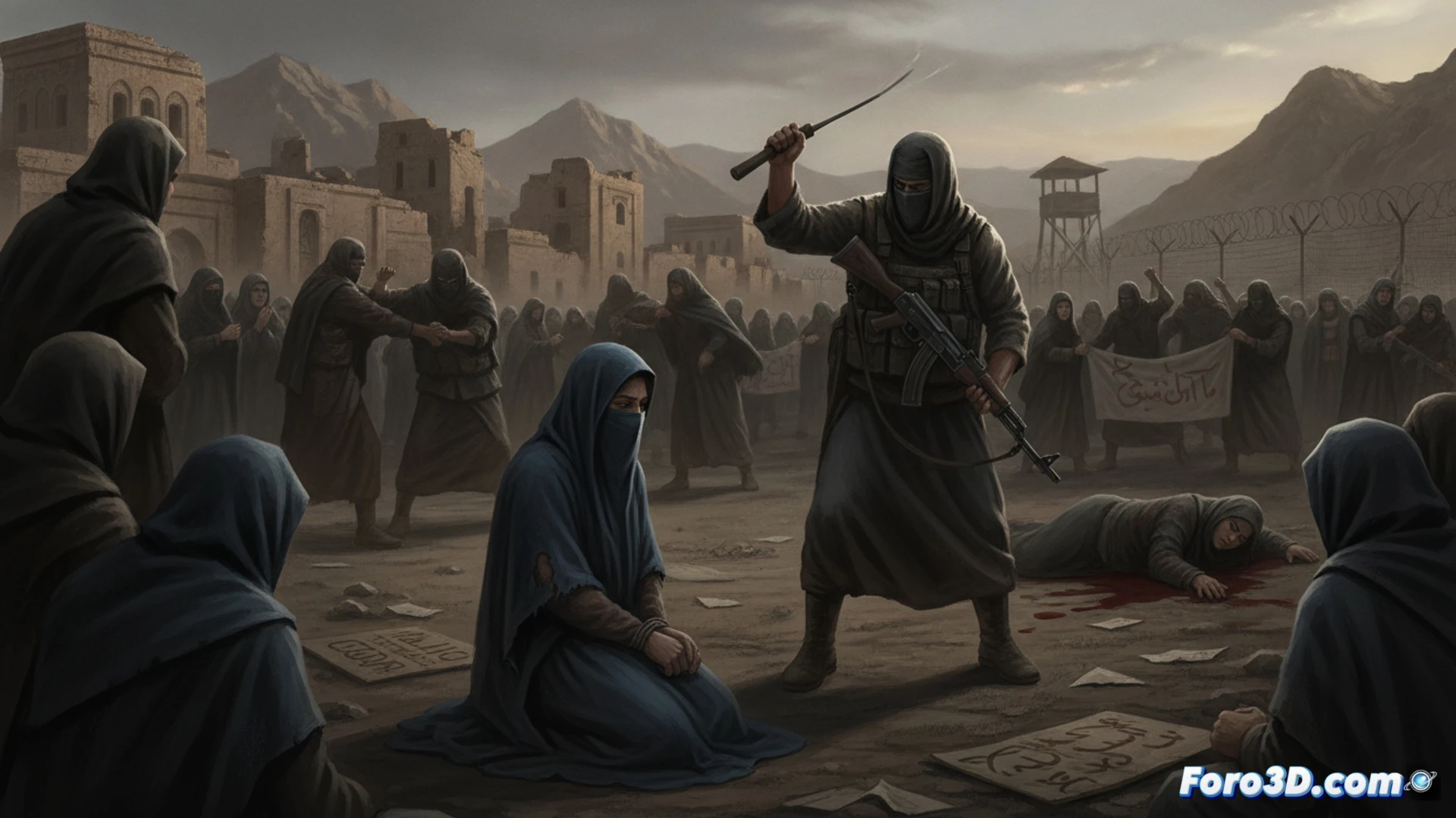 Afghan women in blue burqas walking past a crumbling wall with a cracked metal sign showing a protest scene being erased by a Taliban soldier’s hand, while another woman is held back by a thick chain attached to a broken keyboard and a laptop with a shattered screen, a megaphone lies crushed on the ground, dust rising under harsh midday sun, photorealistic documentary-style image, high contrast shadows, gritty texture on concrete and fabric, wide-angle lens capturing isolation and tension, no visible text or writing anywhere in the frame.