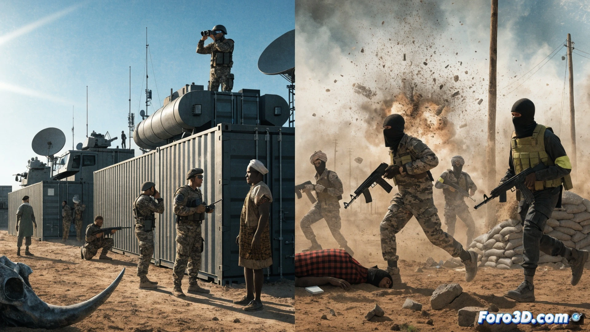 Africa Corps soldiers in sand-colored uniforms standing near a damaged military vehicle in a dusty Malian village, local civilians watching from a distance, a broken drone lying on the ground, distant smoke rising from a hill, soldiers holding rifles with uncertain posture, cracked mud walls and sparse acacia trees, harsh midday sun casting long shadows, cinematic photorealistic war photography style, gritty texture, dust particles in the air, muted earth tones, desaturated sky, high contrast dramatic lighting, ultra-detailed fabric folds and weathered metal, technical report visual