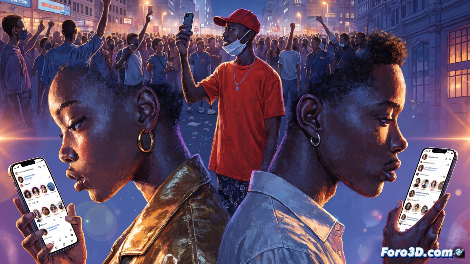 African youth protest in a dusty urban street, young demonstrators holding smartphones recording and live-streaming, cracked pavement underfoot, abandoned ballot box trampled in the background, a young woman in worn jeans raising a fist while a laptop on a crate displays social media feeds with notification icons, broken streetlamp casting harsh shadows, graffiti-covered concrete wall, smoke from a distant fire, photorealistic cinematic documentary style, high contrast natural lighting, deep shadows, gritty texture, wide-angle lens perspective, motion blur on moving protesters, dramatic tension visible in body language, hyper-detailed urban decay