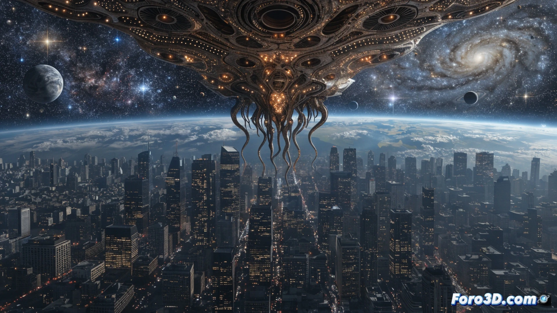 global satellite network hologram above a fractured UN assembly hall, world leaders staring at floating data streams showing alien signals, empty chairs and broken flags on the floor, cinematic photorealistic technical illustration, chaotic aftermath atmosphere, holographic orbital paths intersecting with unknown trajectories, dark blue and red emergency lighting, smoke haze, security personnel rushing through glass debris, high-angle wide shot, dramatic contrast between digital order and human panic, ultra-detailed architecture and holographic interfaces, motion blur in running figures, realistic volumetric lighting