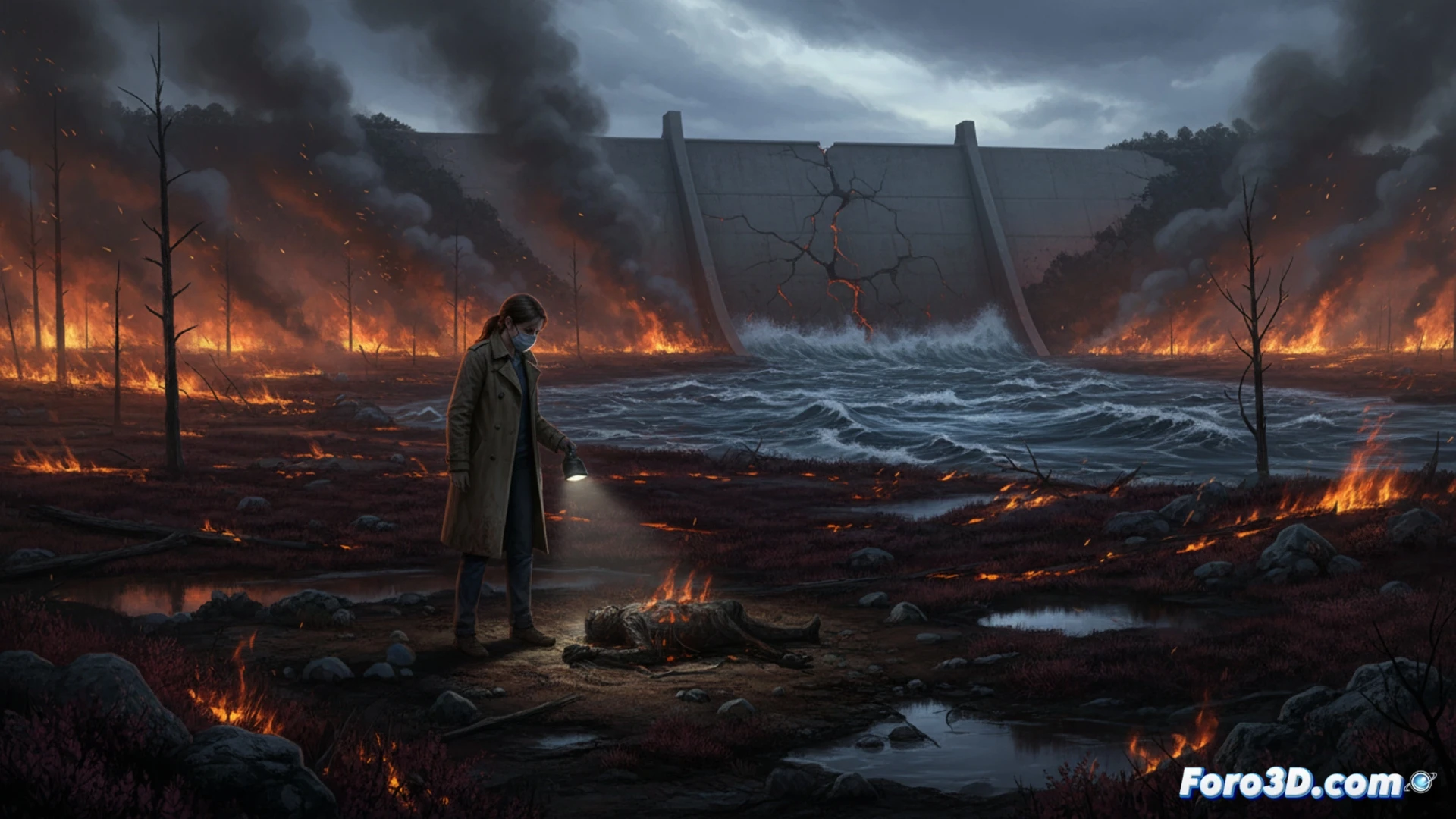 Vast moorland wildfire simulation, flames consuming dry grass and heather while a charred body lies partially exposed, a concrete flood barrier wall under construction in the background with steel reinforcement bars and formwork, smoke billowing into grey sky, particle debris rising, glowing embers drifting, technical VFX breakdown overlay showing heat distortion and fluid simulation grids, cinematic photorealistic style, dramatic orange and grey lighting, ultra-detailed environmental destruction, realistic combustion particles and ash