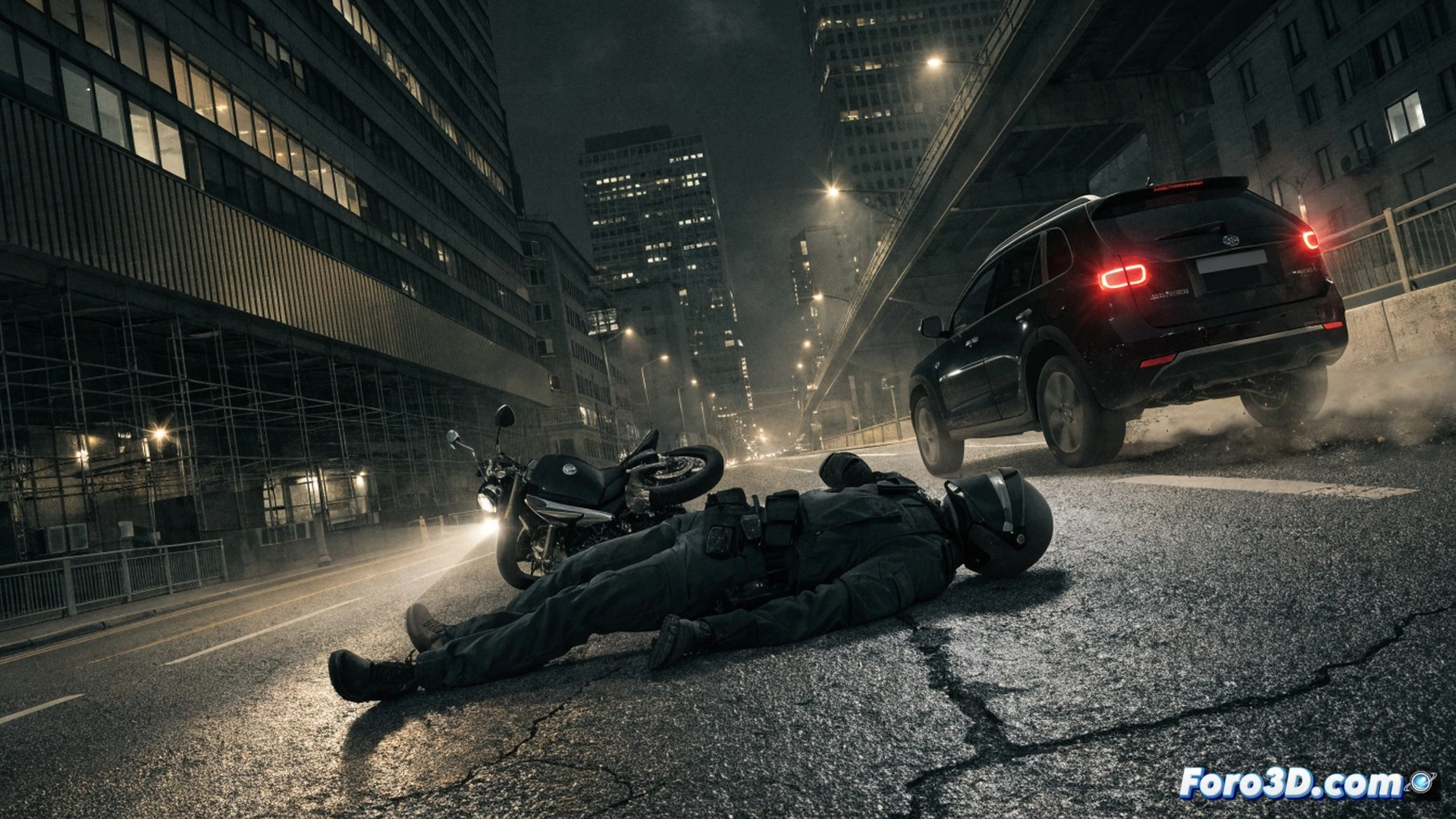Motorcycle officer falling from police bike during high-speed chase on wet Milan street, SUV fleeing in background with blurred motion, officer helmet hitting asphalt, sparks from sliding metal footpeg, police lights reflecting on wet road, dramatic cinematic photorealistic style, wide-angle lens emphasizing speed and danger, dark urban night scene with rain mist, ultra-detailed leather uniform and bike mechanics, tragic action frozen in time
