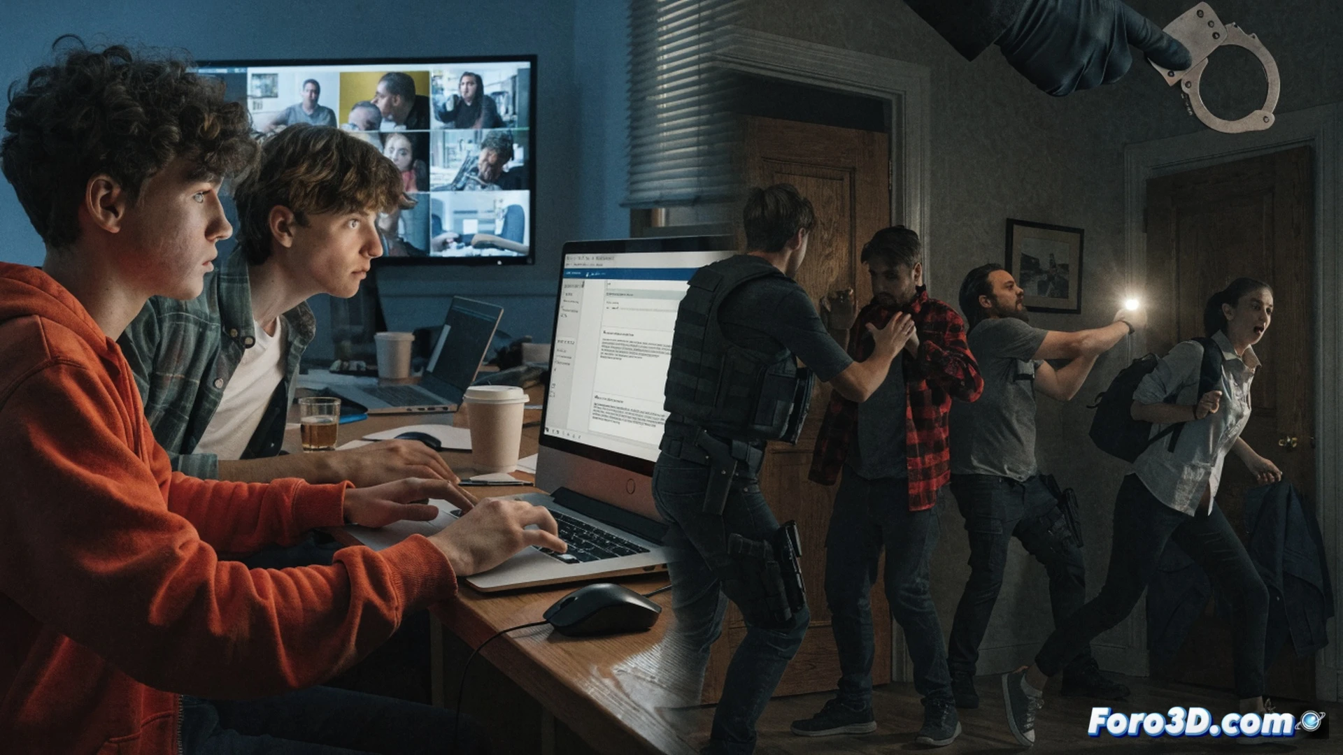 Photorealistic cinematic scene of a dimly lit German police control room, a male agent in his 30s wearing headphones monitors multiple screens showing encrypted chat interfaces, his hands typing on a keyboard while a digital profile of a 12-year-old boy is displayed on the main monitor, glowing blue interface icons for chat software and forensic analysis tools visible, another agent in tactical vest points to a live map with red markers indicating raided houses, confiscated smartphones and hard drives on a metal evidence table under harsh spotlight, dramatic shadows, ultra-detailed hardware textures, technical surveillance equipment, forensic data extraction process in action, dark blue and amber color palette, high-contrast cinematic lighting, photorealistic technical illustration style