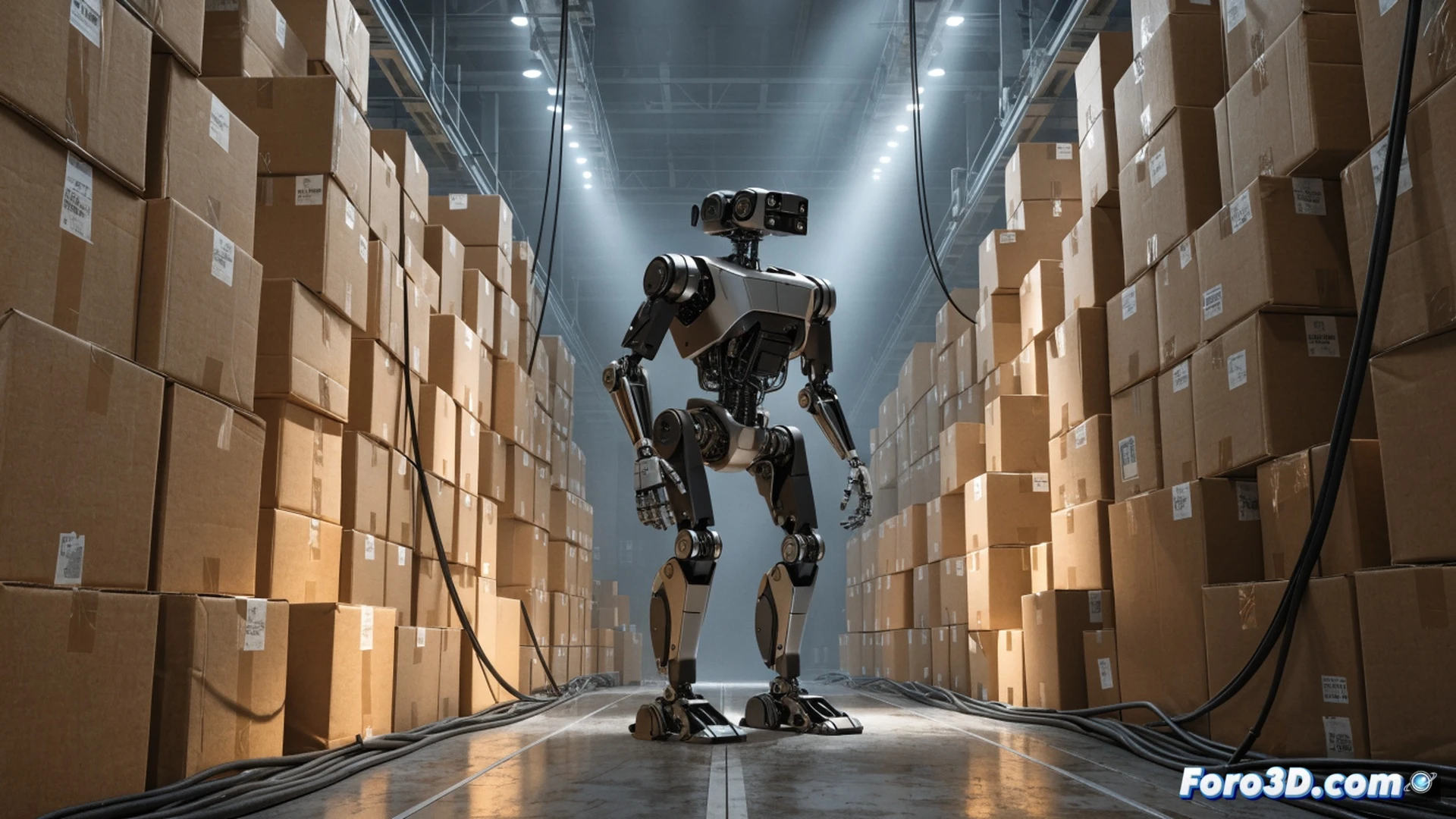 humanoid robot Digit walking on warehouse floor while holding a cardboard box, robotic joints and actuators visible during motion, conveyor belt and storage racks in background, glowing blue LED indicators on torso and head, workers watching from distance, dramatic industrial lighting, metallic surfaces with reflections, motion blur on legs, technical engineering visualization, photorealistic render, high contrast shadows, precision mechanical details