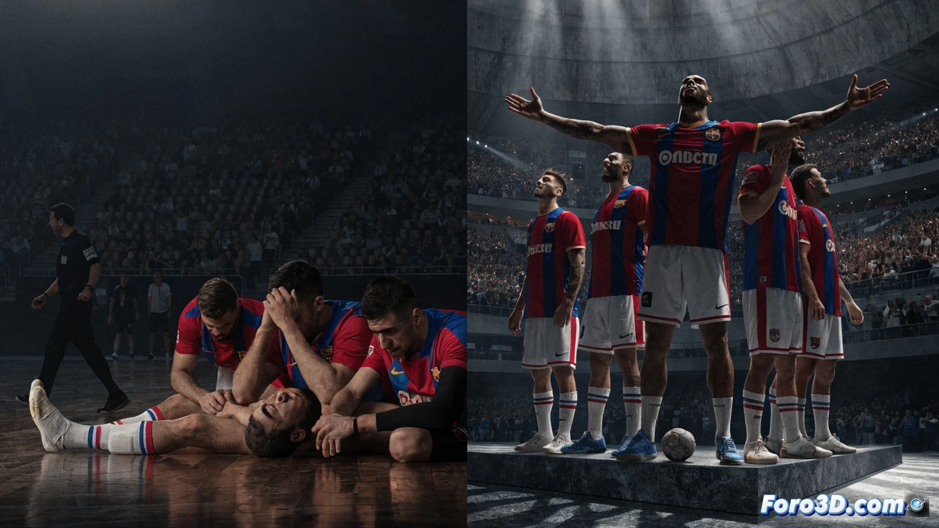 handball court action scene, Barça player leaping high to shoot while Aalborg defender blocks with extended arm, seven attacking players visible on court during overtime, sweat droplets flying, dramatic motion blur on ball trajectory, intense facial expressions, bright arena lights casting sharp shadows, photorealistic sports photography style, ultra-detailed player jerseys with fabric texture, crowd blurred in background, dramatic golden hour lighting effect, high-speed shutter freeze frame, cinematic depth of field, technical composition showing tactical positioning