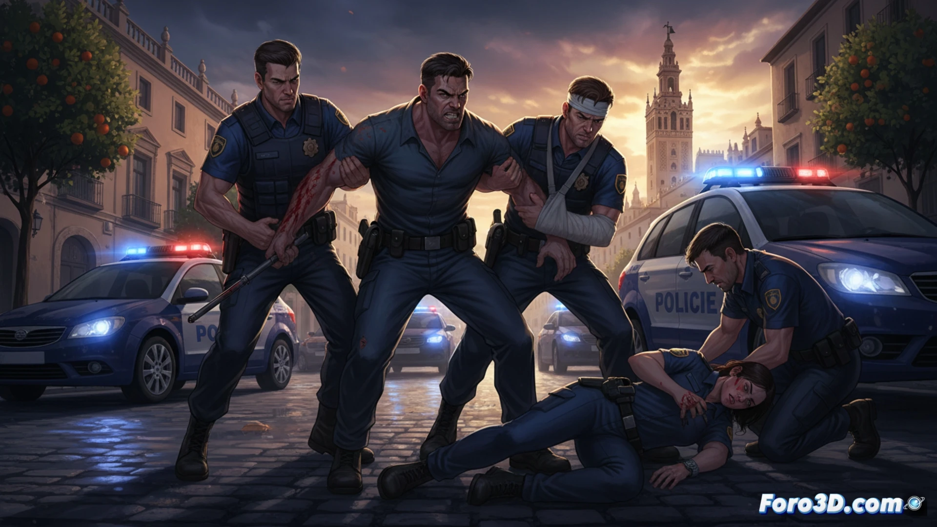 cinematic night scene of a police pursuit in a narrow Seville alley, four injured officers in blue uniforms collapsing against a brick wall, one officer holding a radio while blood drips from a broken nose, the fleeing aggressor turning back with a clenched fist, shattered glass and a fallen baton on cobblestones, distant police car lights flashing blue and red, dramatic chiaroscuro lighting from streetlamps, photorealistic crime scene documentation style, forensic level detail on uniforms and wounds, high contrast shadows, gritty urban texture