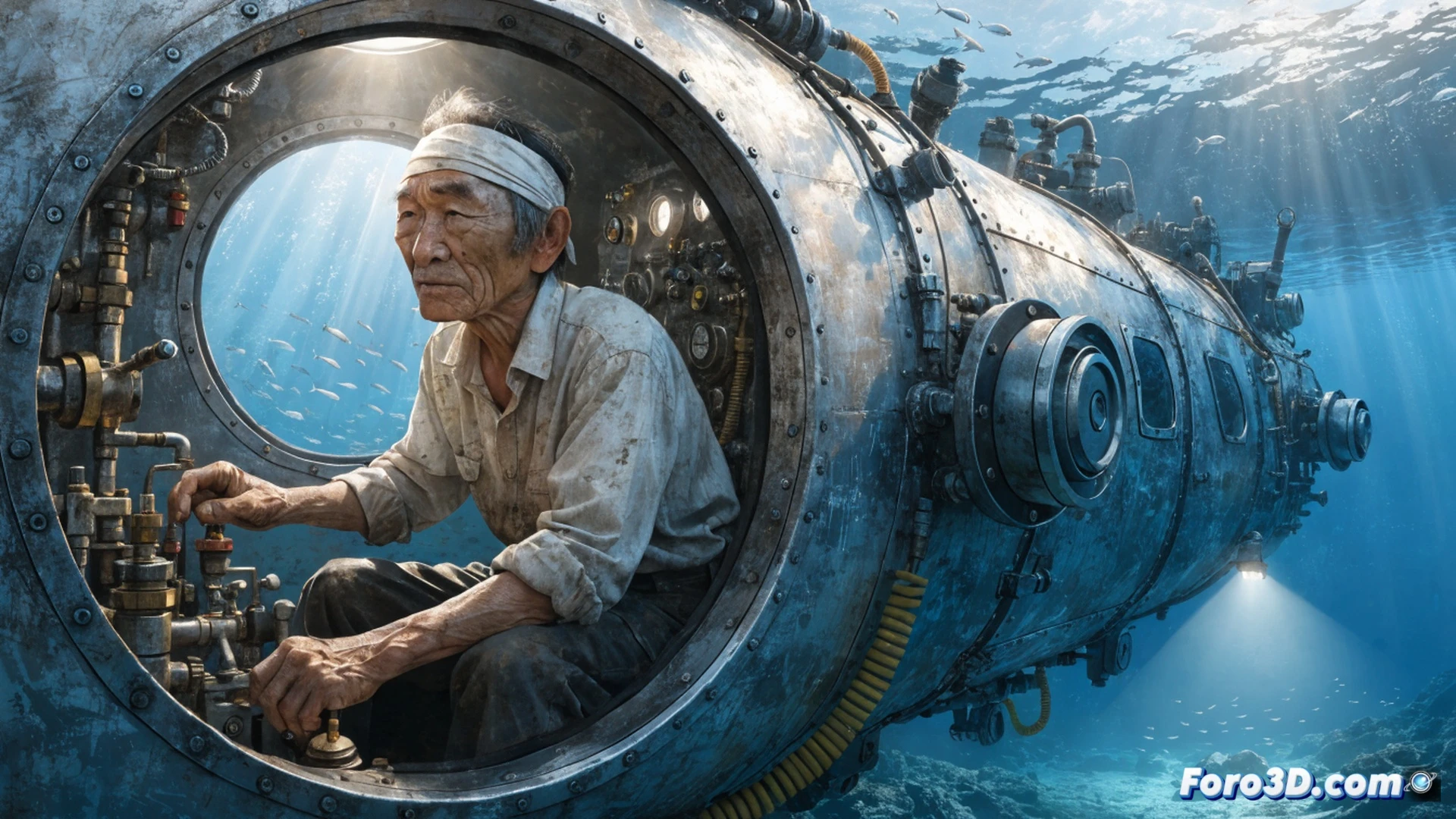 Chinese farmer in overalls welding metal frame of homemade submarine Big Black Fish in rural workshop, five-ton steel hull partially assembled, welding sparks flying, tools scattered on workbench, engine components visible, submarine diving to eight meters depth in murky green water, bubbles rising from propeller, control panel with analog gauges inside cockpit, photorealistic engineering visualization, dramatic natural lighting from workshop windows, detailed metallic textures, cinematic composition, technical illustration style