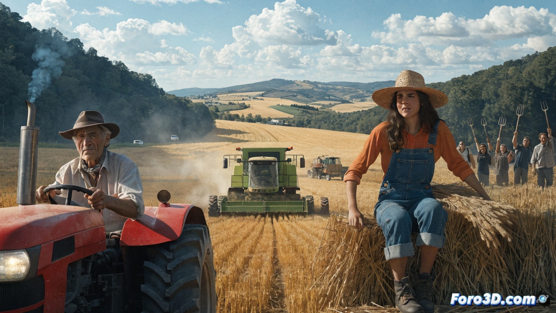 Tractor cosechando cereal en campo seco de Aragón bajo cielo naranja tormentoso, humo de incendio forestal elevándose al fondo, cosechadora con cabezal cortando espigas maduras, rastrojo levantado en remolino, sensor meteorológico portátil con alerta roja parpadeando en el borde del campo, agricultor señalando el humo con expresión frustrada, cámara lenta dramática, iluminación de fuego reflejada en el polvo, estilo cinematográfico fotorrealista, textura de trigo dorado y tierra agrietada, contraste entre maquinaria agrícola y peligro de incendio