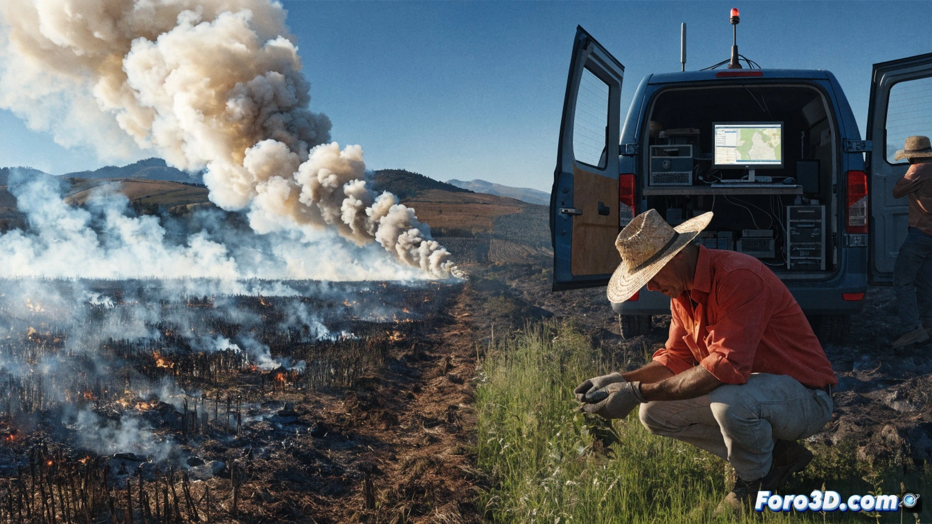 campo de cereal carbonizado, humo gris elevándose entre rastrojos negros, tractor agrícola detenido en medio de la parcela devastada, inspector de seguros con tableta digital evaluando daños mediante escaneo de campo, suelo agrietado y ceniza dispersa, drones aéreos sobrevolando para medir hectáreas quemadas, fondo de montañas difusas con cielo nublado, estilo cinematográfico realista, iluminación dramática de atardecer, texturas de tierra quemada y hierba chamuscada, sensación de urgencia y evaluación técnica, photorealistic documentary style