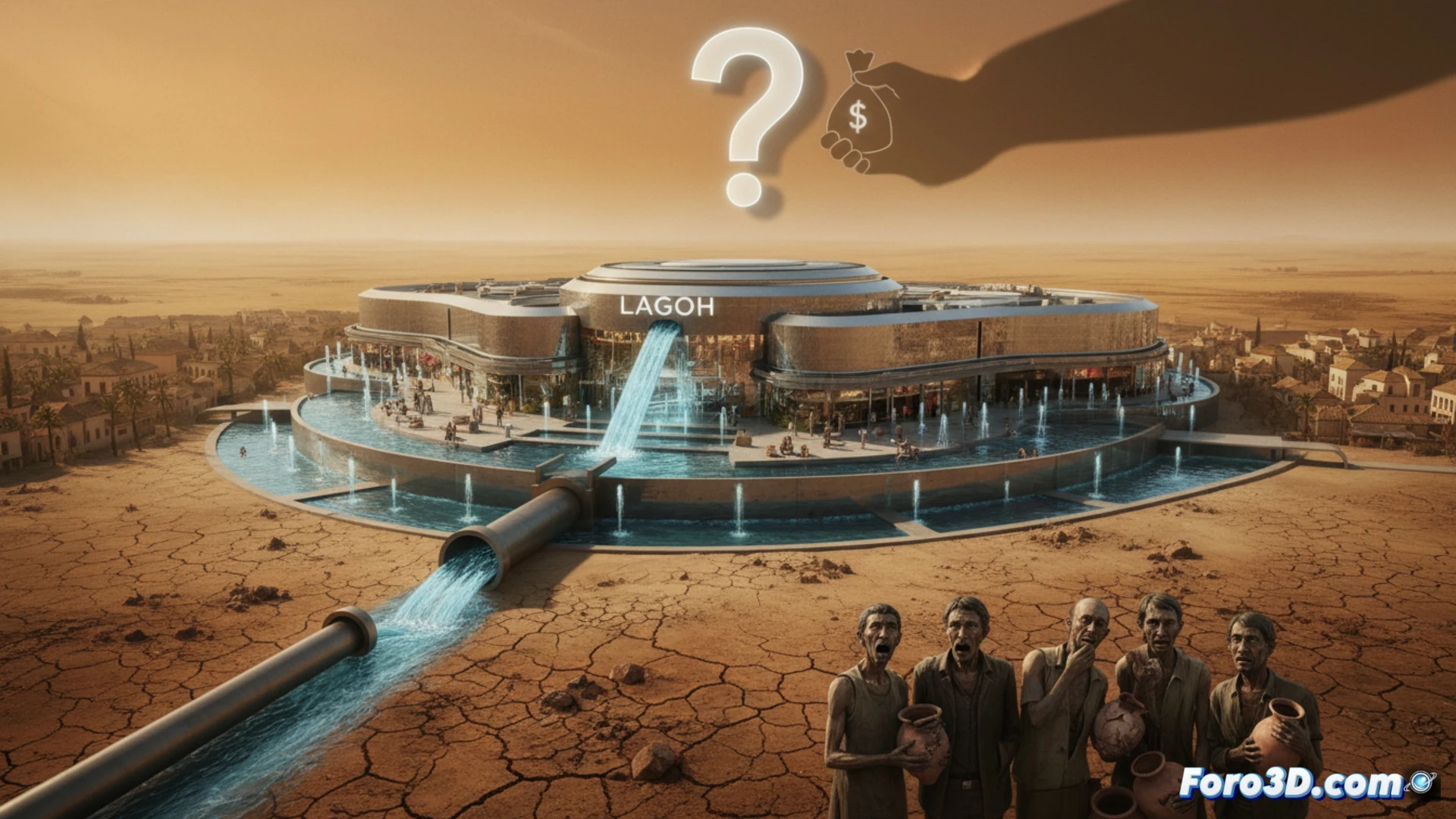 cinematic wide shot of a massive shopping mall expansion site in a drought-stricken landscape, a transparent water pipeline crossing cracked dry earth, water flowing visibly through the pipe toward construction cranes and glass facades, while a single wilted olive tree stands in the foreground, contrasting urban growth with arid land, photorealistic engineering visualization, dramatic golden-hour lighting casting long shadows, dust particles suspended in air, detailed construction equipment and scaffolding, hyperrealistic textures of dry soil and wet pipe surfaces, no text or numbers visible