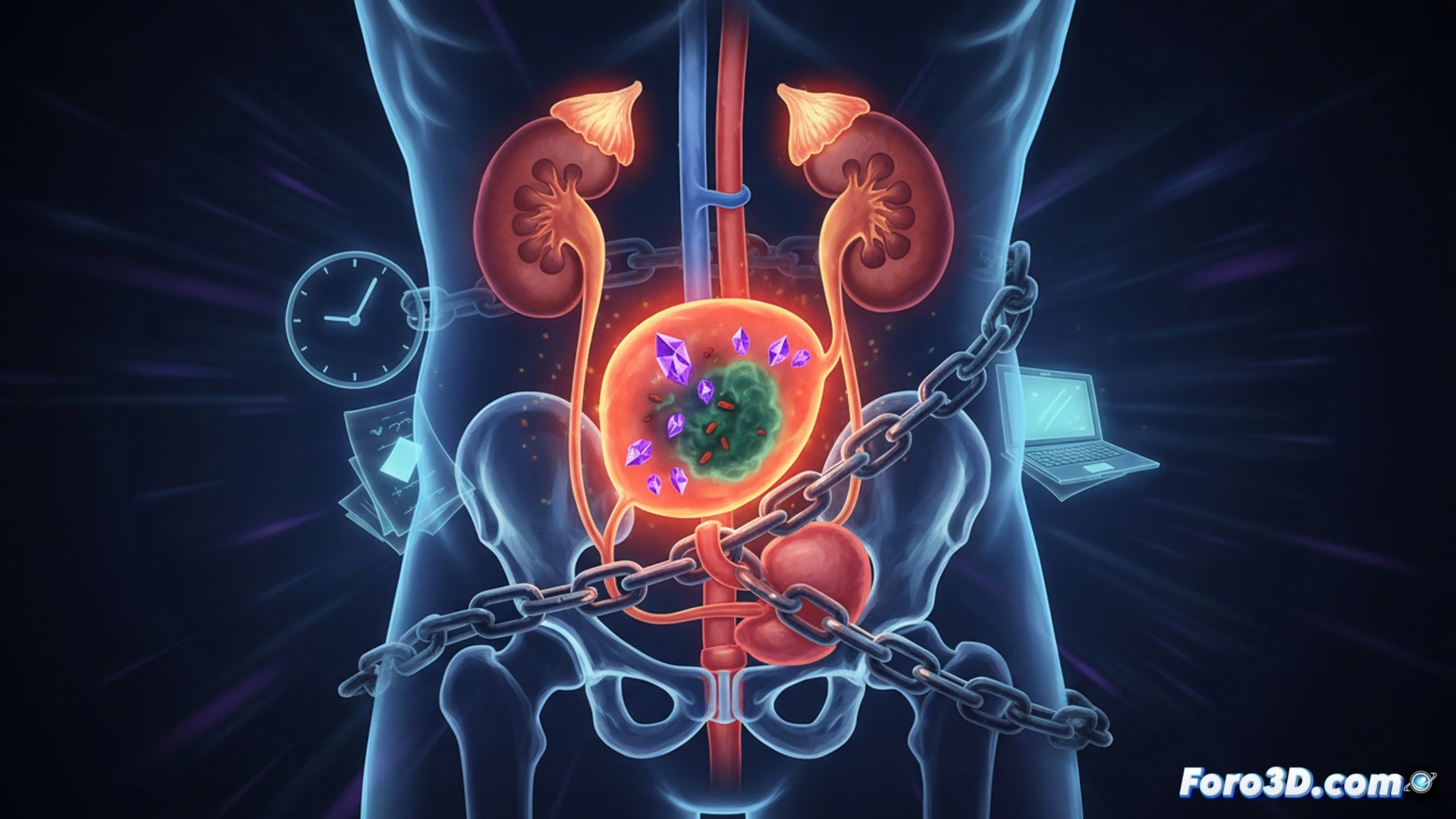 human bladder cross-section medical illustration, urine flow being forcibly retained inside distended bladder wall shown in translucent blue, kidney stones forming in renal pelvis due to backflow pressure, bacterial colonies glowing red along urethral lining during infection process, technical anatomy visualization, realistic tissue textures, cutaway view showing urethral sphincter clenched tight, ureters dilated under strain, soft clinical lighting with cool blue and warm orange contrast, photorealistic surgical illustration style, hyperdetailed organ structures, educational medical render