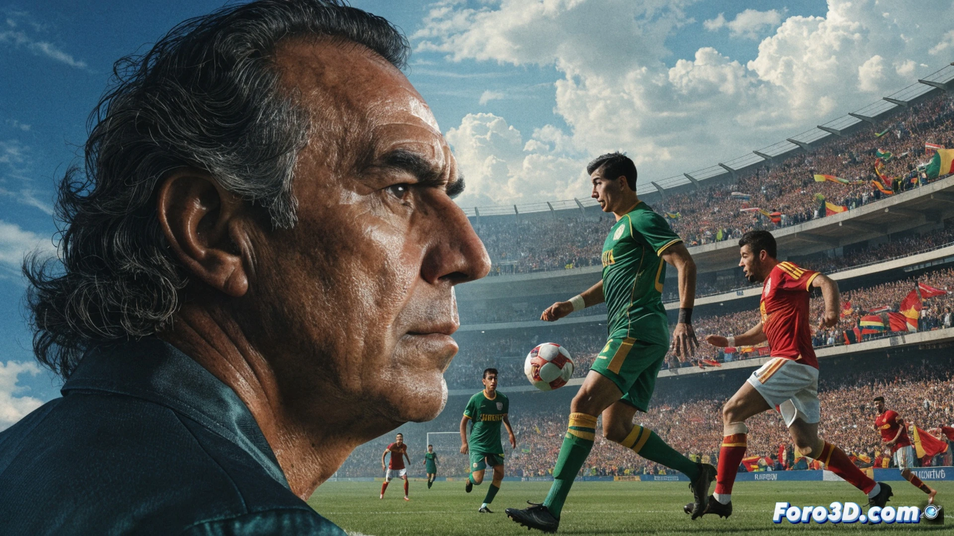 Mexican football stadium Azteca at night, intense World Cup match scene, Ecuadorian players pressing aggressively in red shirts surrounding Mexico player in green, Javier Aguirre on sideline gesturing tactical instructions, sweat droplets flying during a sliding tackle, ball mid-air with spin, stadium crowd blur in background with green and red wave, cinematic sports photography, dramatic floodlight beams cutting through dust, photorealistic technical render, motion freeze at peak action, high contrast shadows, ultra-detailed turf grass and jersey fabric texture