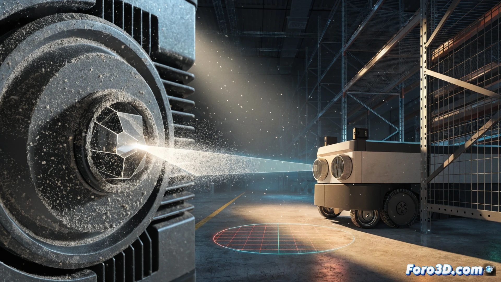 automated guided vehicle collision inside industrial warehouse, laser sensor prism covered with thick grey dust layer, distorted laser beam scattering off dirty prism surface, AGV front bumper impacting metal shelving unit, reflective tape on shelf misread by contaminated optics, floating airborne particles in dramatic side lighting, technical engineering visualization, photorealistic machinery textures, motion freeze at moment of impact, glowing red laser path visibly broken by dust particles, dark industrial background with high contrast, ultra-detailed prism surface showing granular contamination