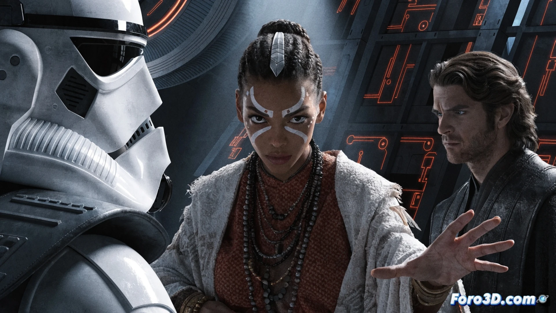 Ahsoka kneeling on a cracked obsidian floor, holding a damaged lightsaber hilt while blue sparks arc from a severed control panel, Anakin Skywalker s ghostly silhouette emerging from swirling hyperspace blue mist behind her, distant galaxy-scale explosion visible through a shattered viewport, cinematic photorealistic Star Wars visualization, dramatic rim lighting on her lekku and armor, glowing debris particles frozen mid-air, battle damage on her shoulder pauldron, intense emotional confrontation atmosphere, high contrast shadows, ultra-detailed fabric textures on her robes, volumetric fog from burning circuitry, wide-angle lens distortion emphasizing scale.
