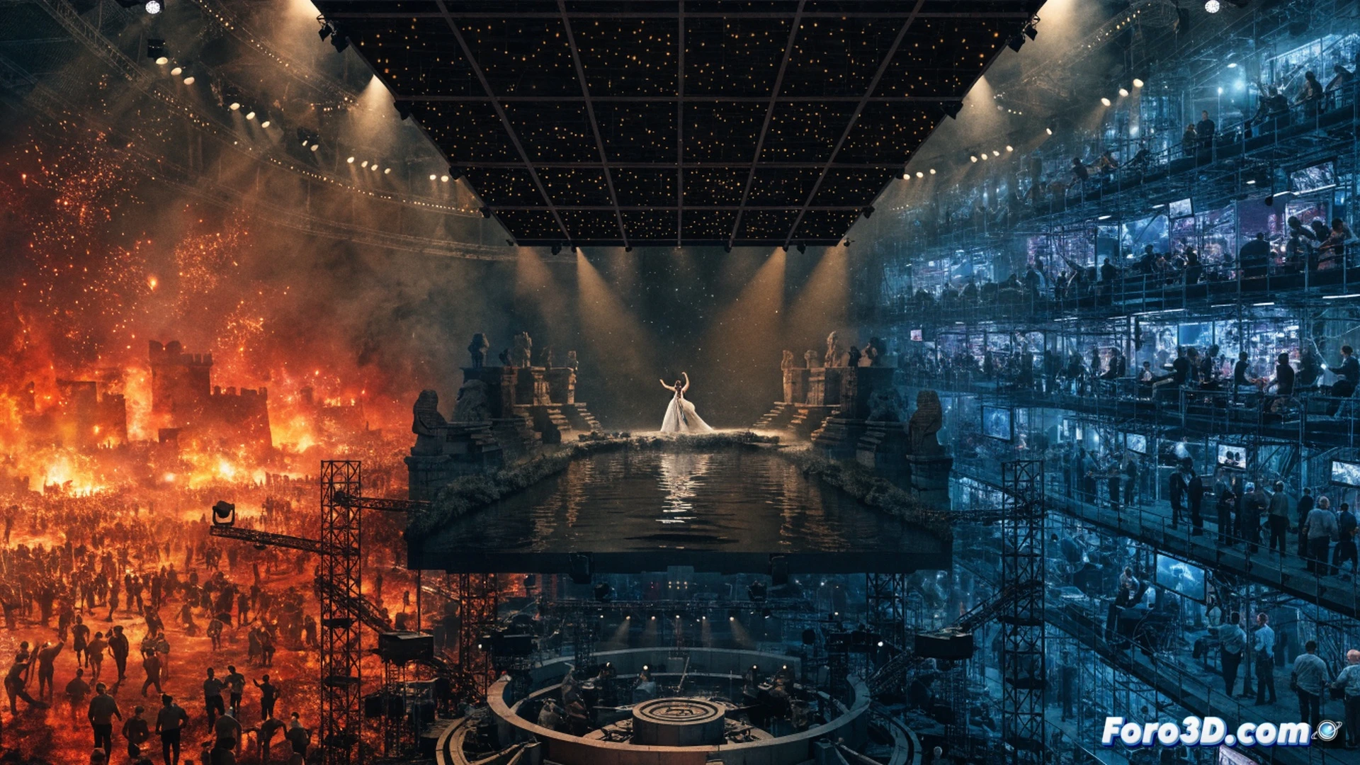 Ópera Aida en escenario teatral con estética Kubrick, decorado minimalista y simétrico al estilo 2001 Odisea del espacio, cantante soprano Marigona Qerkezi interpretando junto a un río Nilo iluminado con neones azules, director Paco Azorín observando desde el foso con un monitor de vídeo y auriculares técnicos, luces de tracking en el suelo marcando trayectorias, proyección de texturas geométricas sobre el telón, cámara Steadicam en movimiento durante el tercer acto, atmósfera inmersiva pero con cables visibles y soportes de iluminación, estilo cinematográfico anamórfico, fotorealista, iluminación dramática con sombras duras, paleta fría azul y gris acero, texturas de vinilo negro y metal cepillado, alta definición técnica