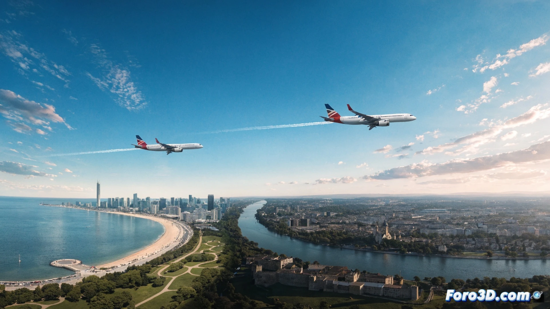 Air Serbia passenger jet banking over the Caspian Sea coastline, flight path arc connecting Baku skyline to Belgrade landmarks, aircraft wing cutting through golden sunset clouds, cockpit instruments showing direct route, cabin interior with relaxed passengers and crew serving drinks, smooth in-flight service demonstration, cinematic photorealistic aviation visualization, polished metallic fuselage reflecting warm light, contrails tracing the new corridor, ultra-detailed engine turbines and wing flaps, dramatic aerial perspective, clear horizon line