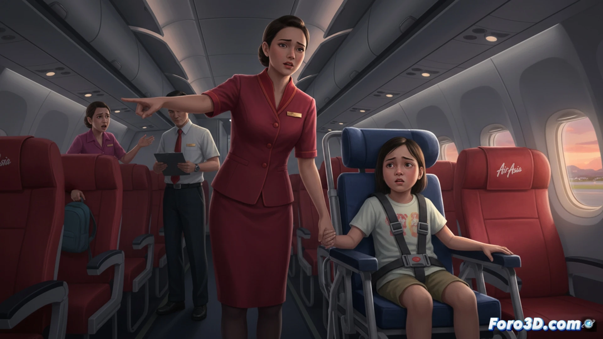 Una familia con una niña en silla especial es escoltada fuera de un avión de AirAsia, mientras el personal revisa normas.