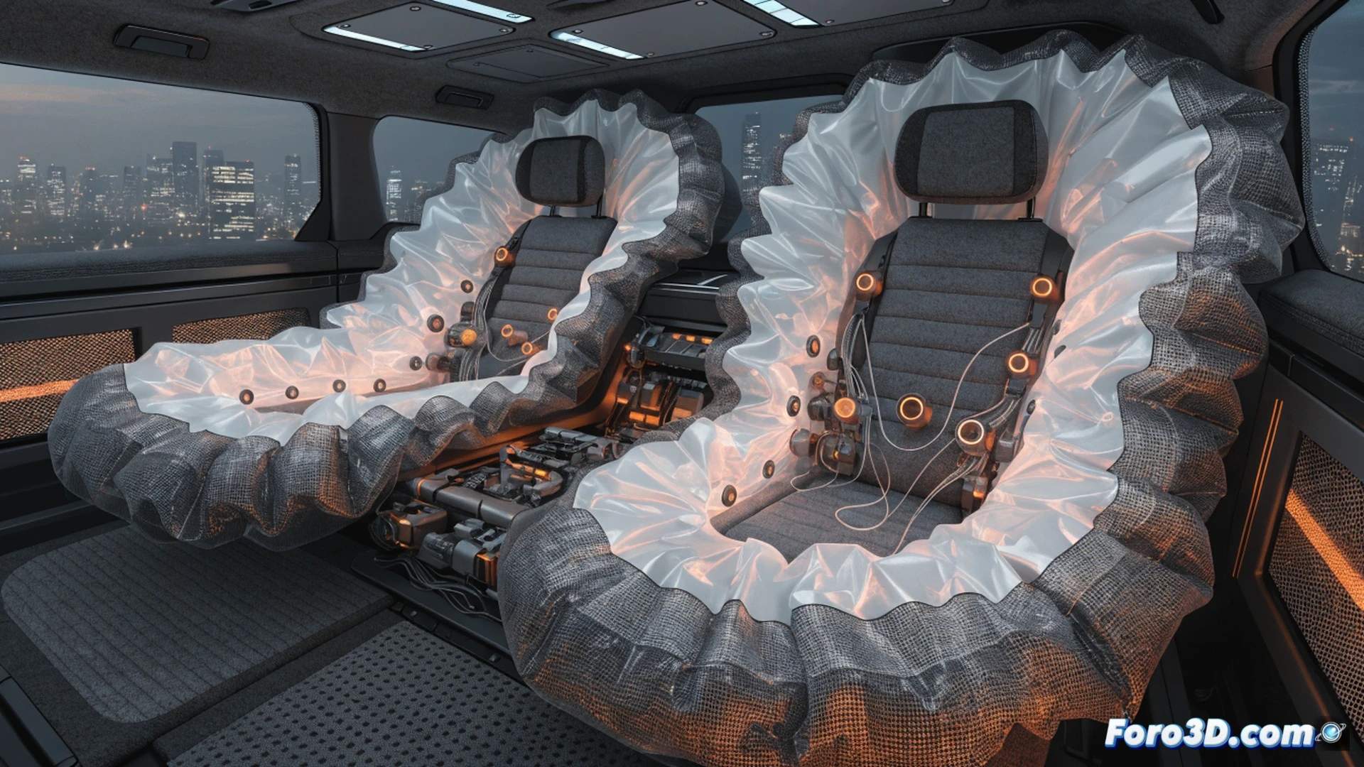 Interior de vehículo autónomo con asiento reclinado a 180 grados, pasajero dormido mientras sistema de cuatro airbags ZF Lifetec se despliega en cámara lenta, mostrando estructura textil envolvente evitando deslizamiento bajo cinturón de seguridad, airbag frontal curvo ajustándose al ángulo del reposacabezas, airbags laterales emergiendo del panel de puerta, cinturón integrado con pretensor activo, ingeniería automotriz de precisión, simulación de colisión frontal, fibras sintéticas iluminadas por luz ambiental azul, materiales reflectantes, renderizado fotorrealista cinematográfico, alta definición de costuras y pliegues, acción dinámica durante impacto controlado