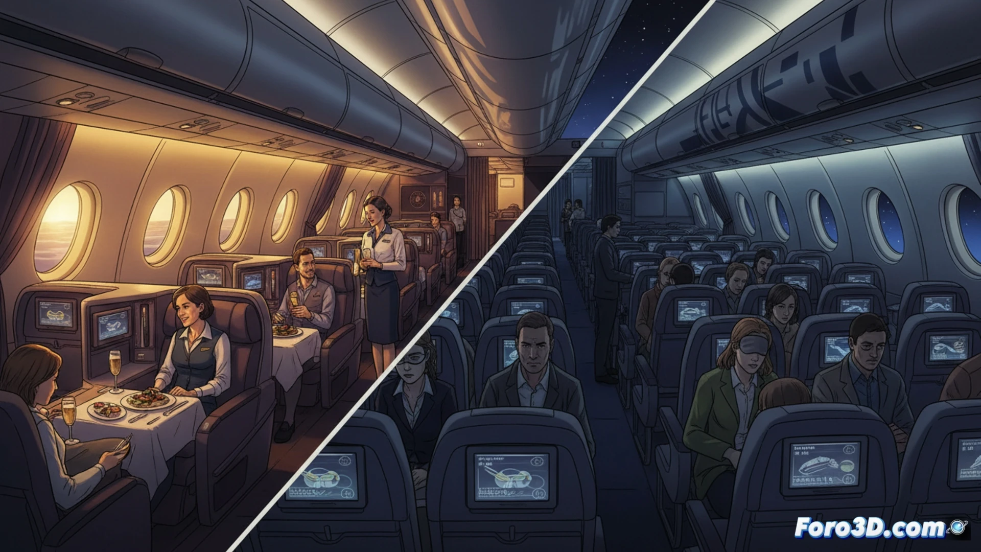 Airbus A350-1000ULR cabin cross-section during 22-hour flight, premium first-class passengers reclining in wide lie-flat pods with privacy doors, economy class passengers cramped in tight narrow seats with limited legroom, overhead bins packed with luggage, crew members demonstrating service protocols in luxury section while ignoring crowded rear, metallic fuselage interior with blue mood lighting contrasting stark seating classes, cinematic engineering visualization, ultra-detailed upholstery textures, dramatic shadow play between sections, photorealistic technical render