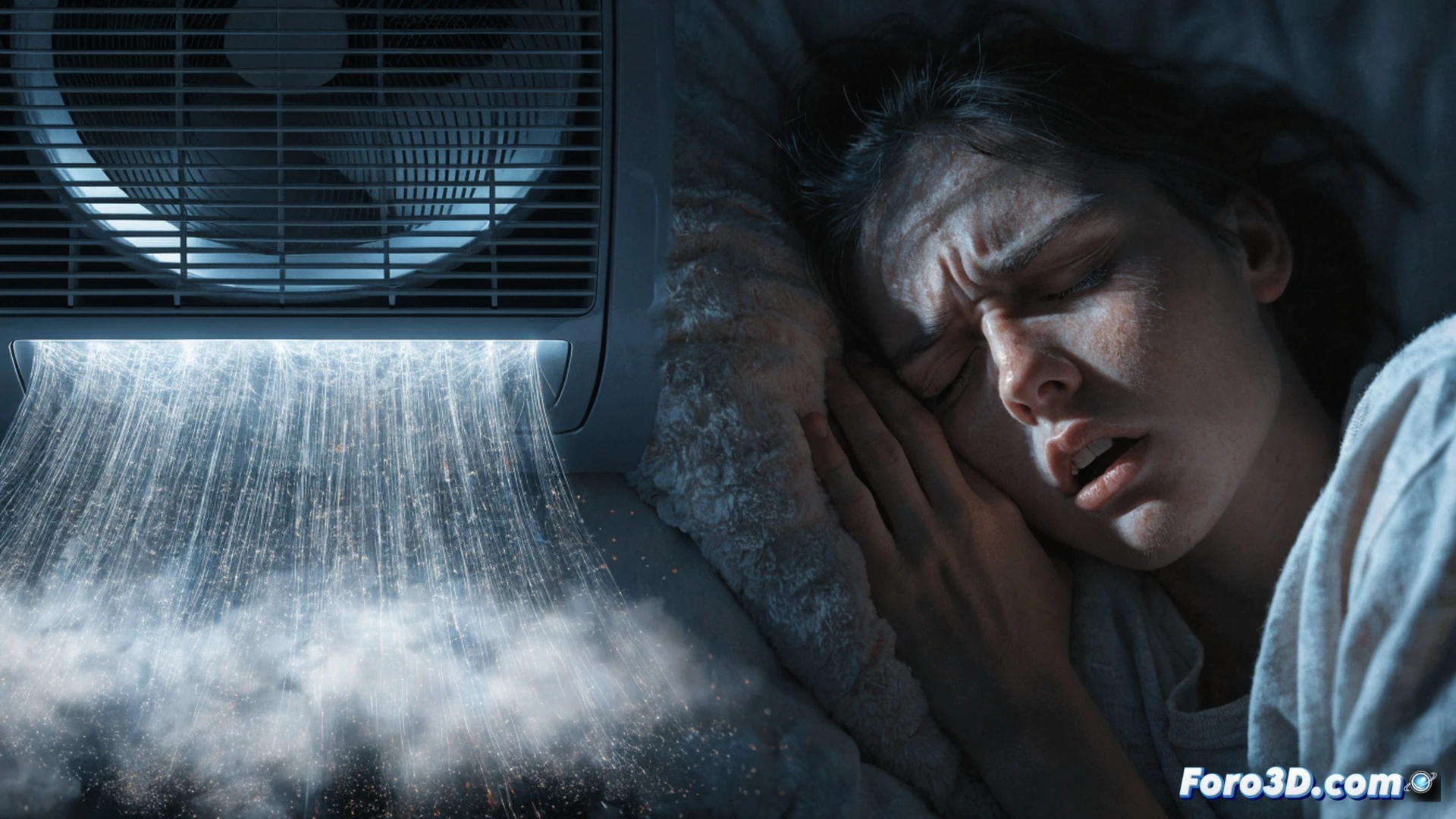cinematic bedroom scene at night, air conditioner vent blowing cold blue-tinted air directly onto a sleeping person, micro-droplets of nasal mucus membrane drying visible as glowing particles, muscles of the neck and shoulders showing red contracture lines, sleep cycle graph on a bedside monitor fragmenting into jagged spikes, dry nasal passages highlighted with 42% reduction indicator, photorealistic technical illustration, dramatic low-key lighting, cool cyan and warm amber contrast, ultra-detailed skin texture and airflow patterns, medical visualization style