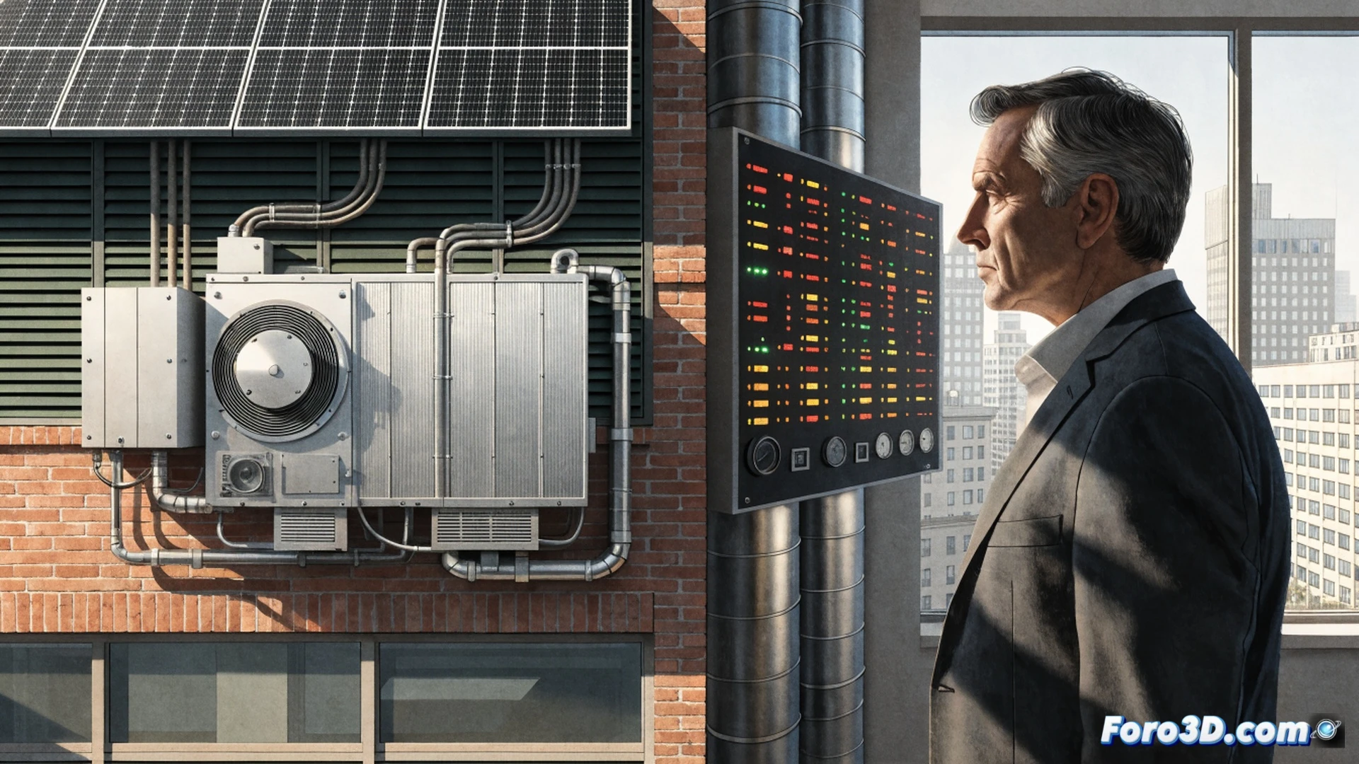 solar-powered air conditioning units being installed on hospital rooftops during heatwave, workers connecting photovoltaic panels to cooling systems, sunlight reflecting off glossy black solar cells, technical engineering visualization, construction crane lifting an HVAC unit, blue sky with dramatic white clouds, modern building architecture, safety harnesses and hard hats visible, copper tubing and electrical conduit being routed, realistic industrial lighting, photorealistic architectural render, clean energy infrastructure in action