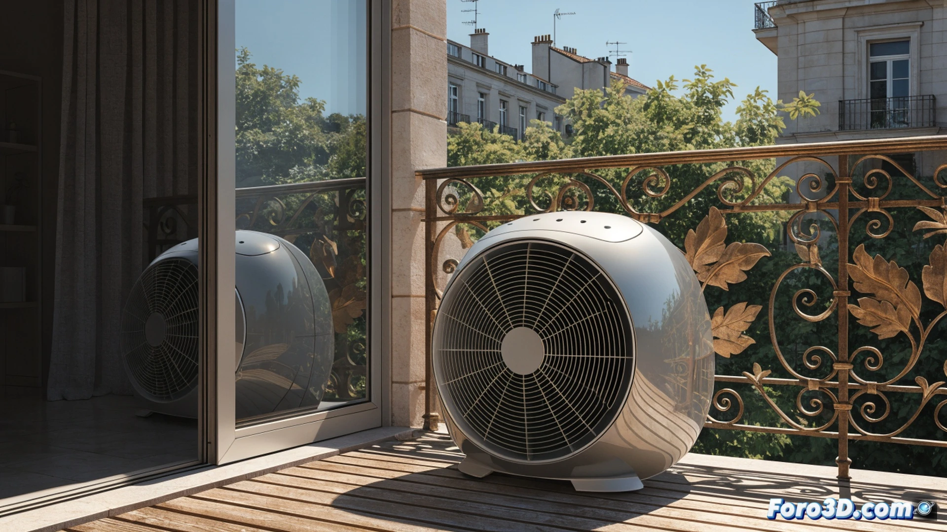 portable air conditioner cooling a sunlit bedroom, cool blue airflow streaming from the unit across a hot window, floor fan oscillating nearby, digital thermostat displaying temperature drop, power cord plugged into a smart meter showing wattage consumption, silent operation mode indicator glowing, cinematic photorealistic interior scene, dramatic contrast between warm sunlight and cold air streams, ultra-detailed mechanical vents and compressor grille, dust particles suspended in light beams, technical engineering visualization